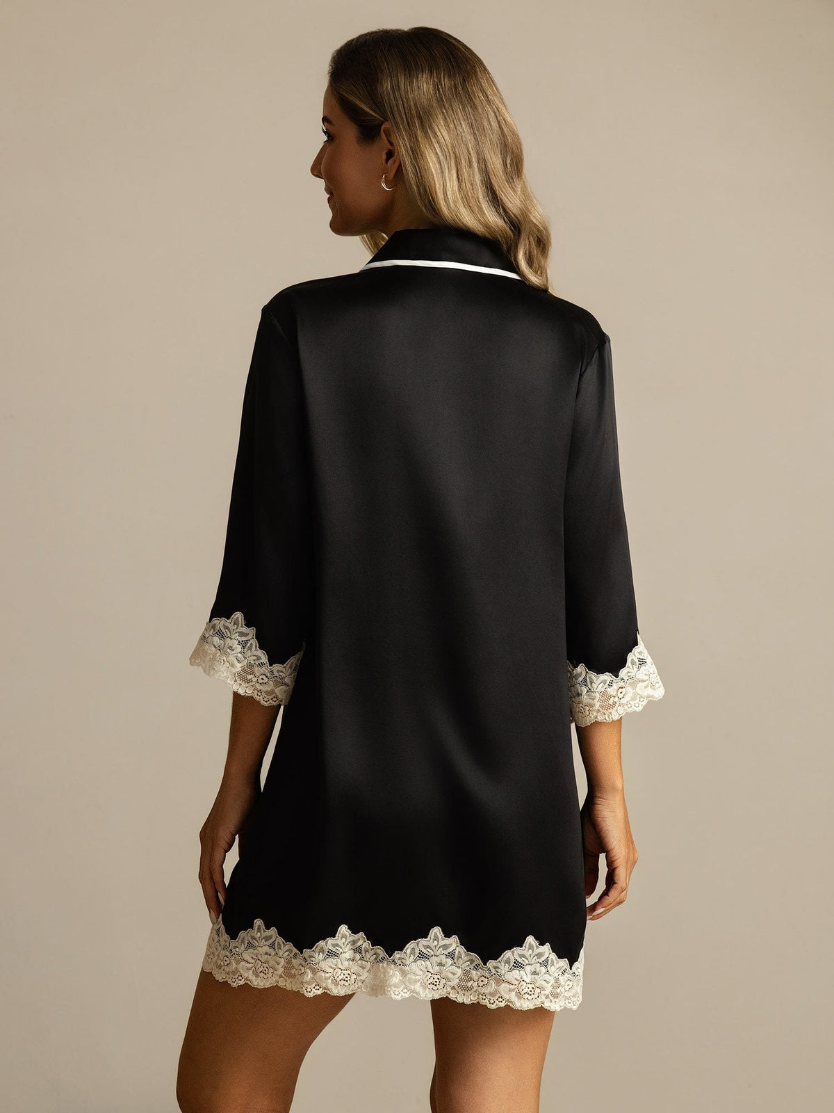 Pure Silk Button Up Nightshirt with Lace Design