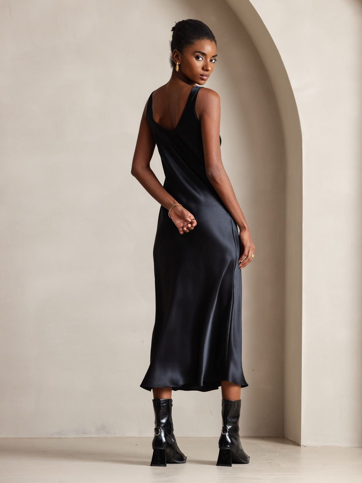 Pure Silk Sleeveless U Neck Midi Dress