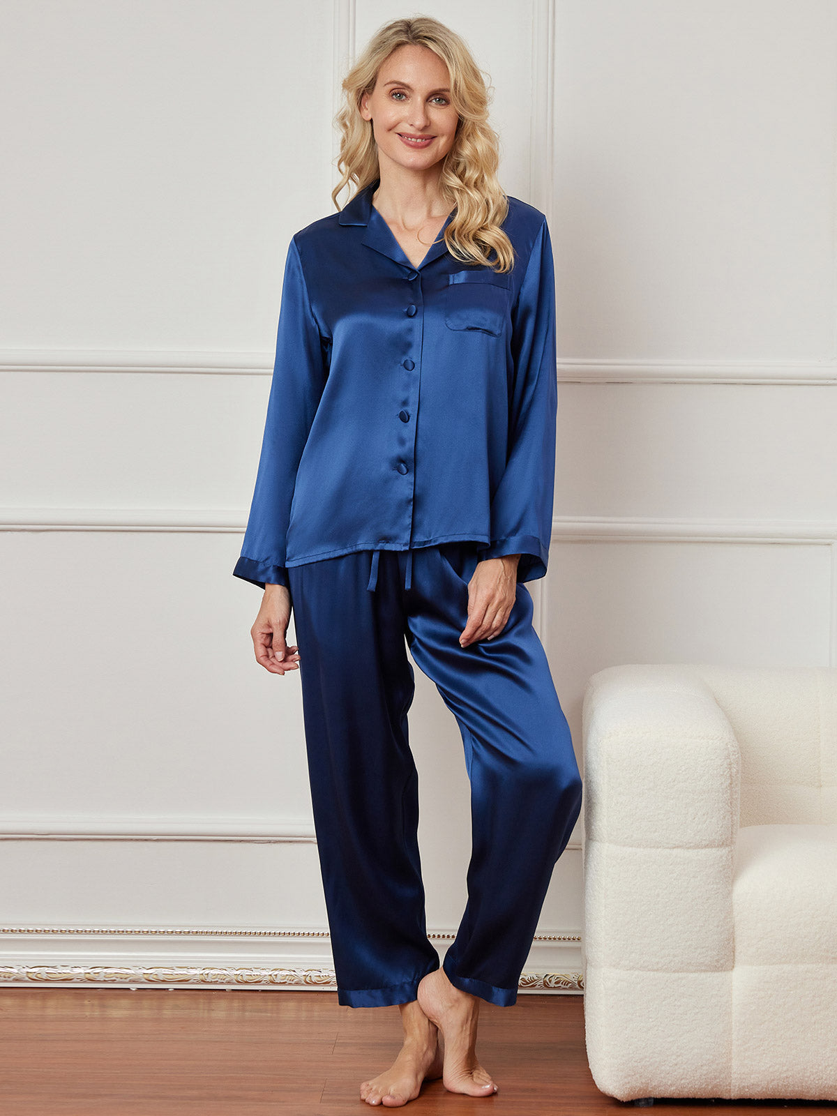 Pure Silk Long Sleeve Notch Collar Button Up Women's Pyjamas Set