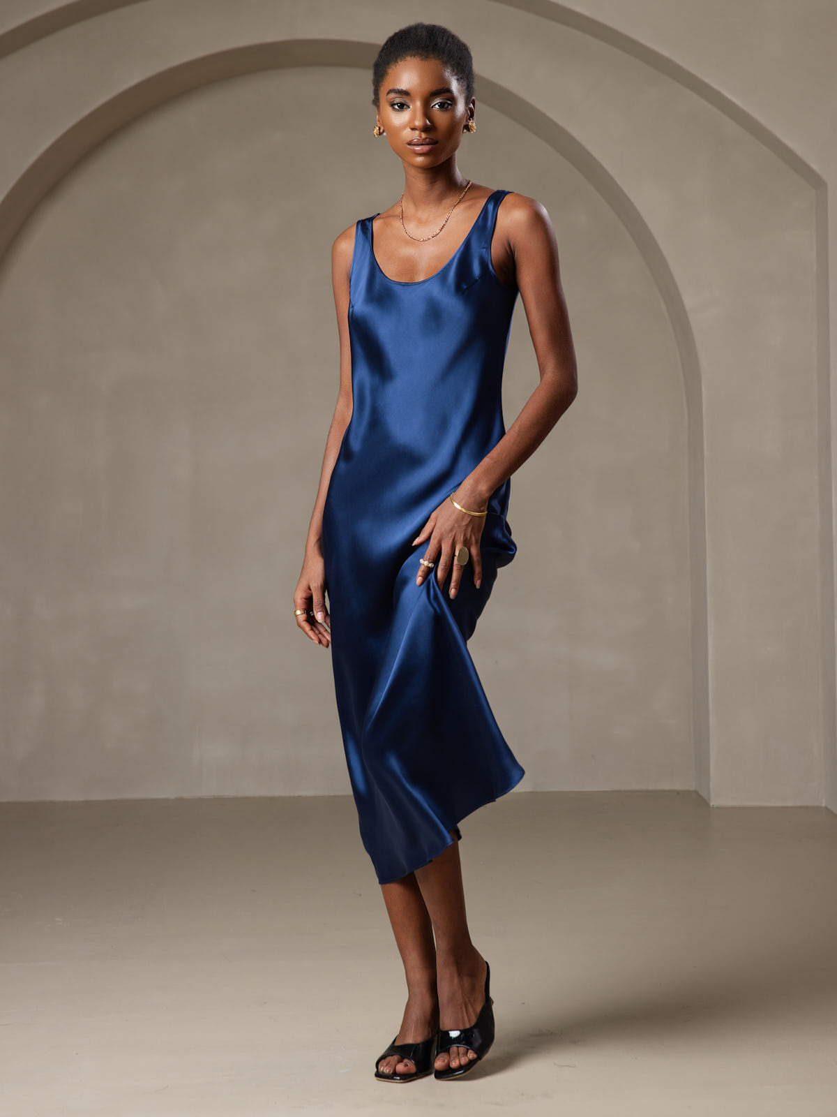 Pure Silk Sleeveless U Neck Midi Dress