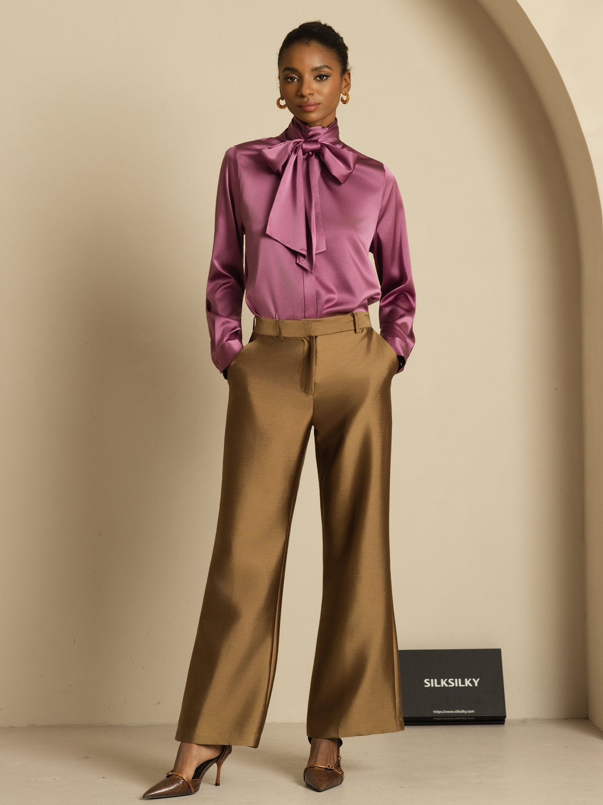 19Momme Silk Long Sleeve High Neck Bow Tie Blouse