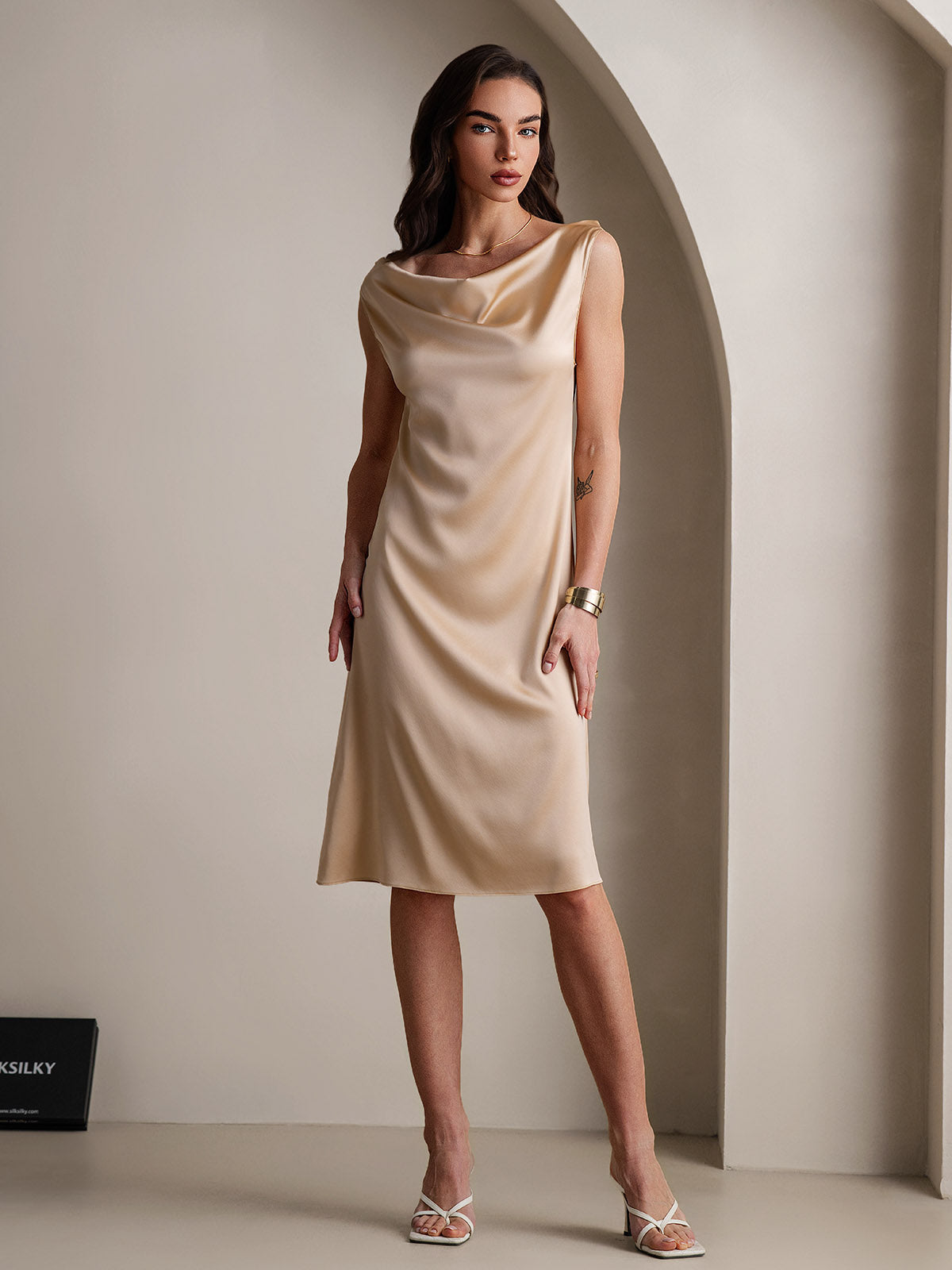 19Momme Silk Sleeveless Cowl Neck Knee Dress