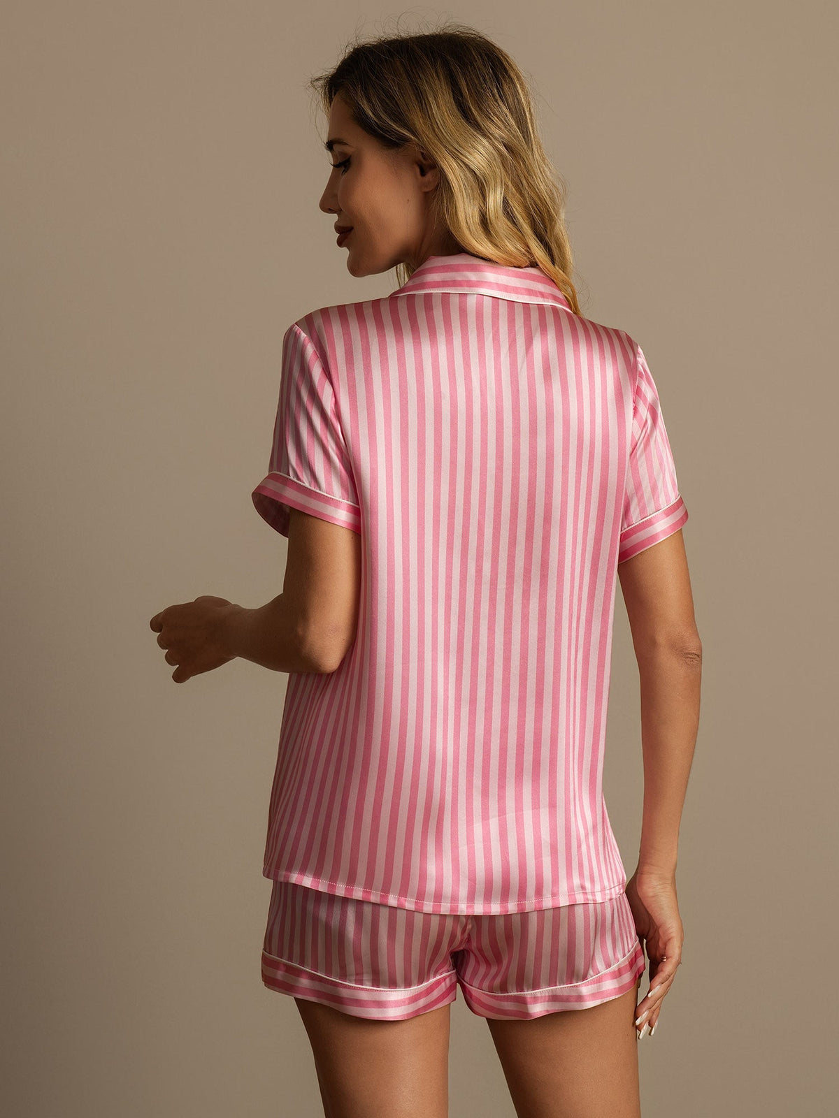 Women's Pure Silk Stripe Print Short Sleeve Notch Collar Pajamas Set With Shorts