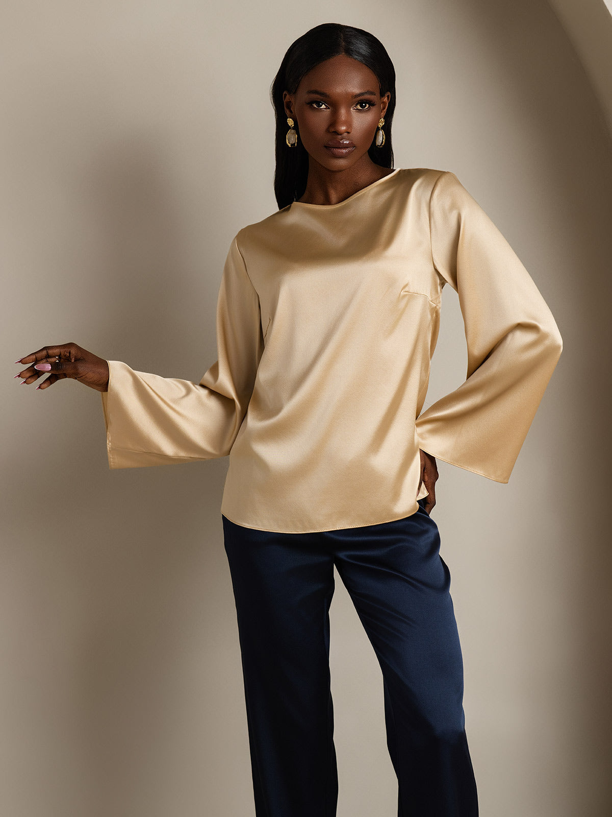19Momme Silk Bell Sleeve Boat Neck Women's Top
