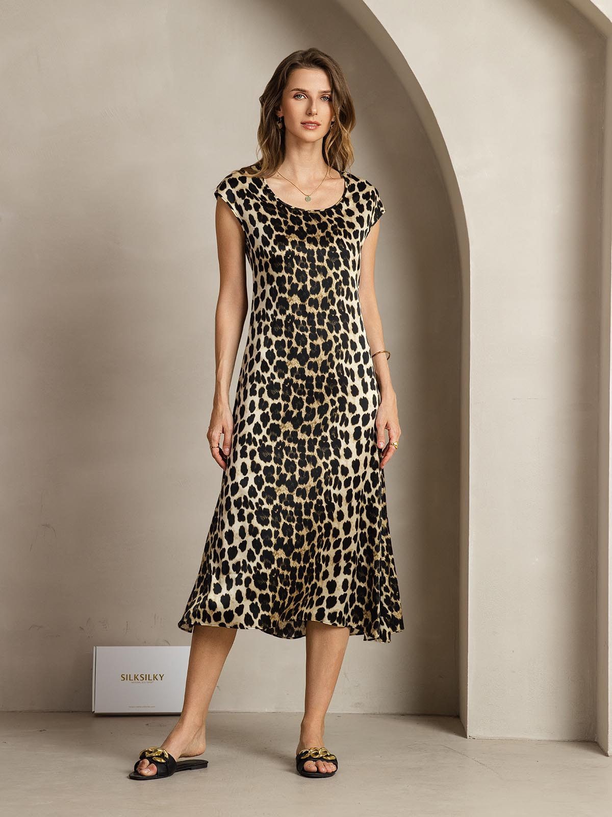Clearance(Ships to UK Only) - 19Momme Silk Leopard Print Cap Sleeve Midi Dress