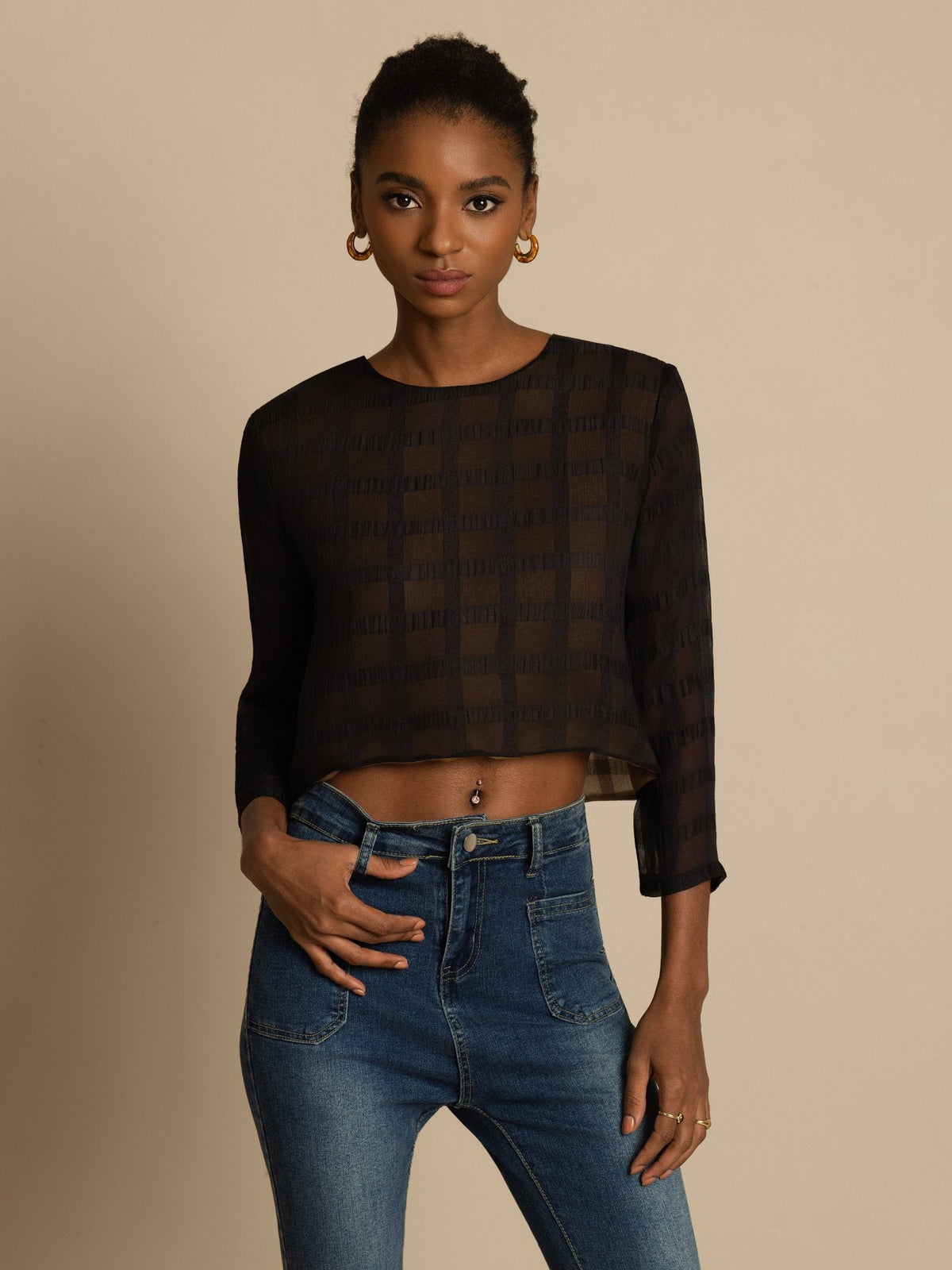 Pure Silk Women's Long Sleeve Textured Grid Crop Blouse with Back Ties