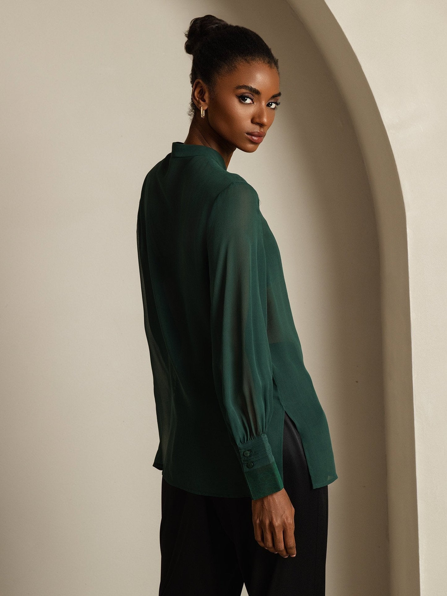Pure Silk Long Sleeve Split Sheer Blouse