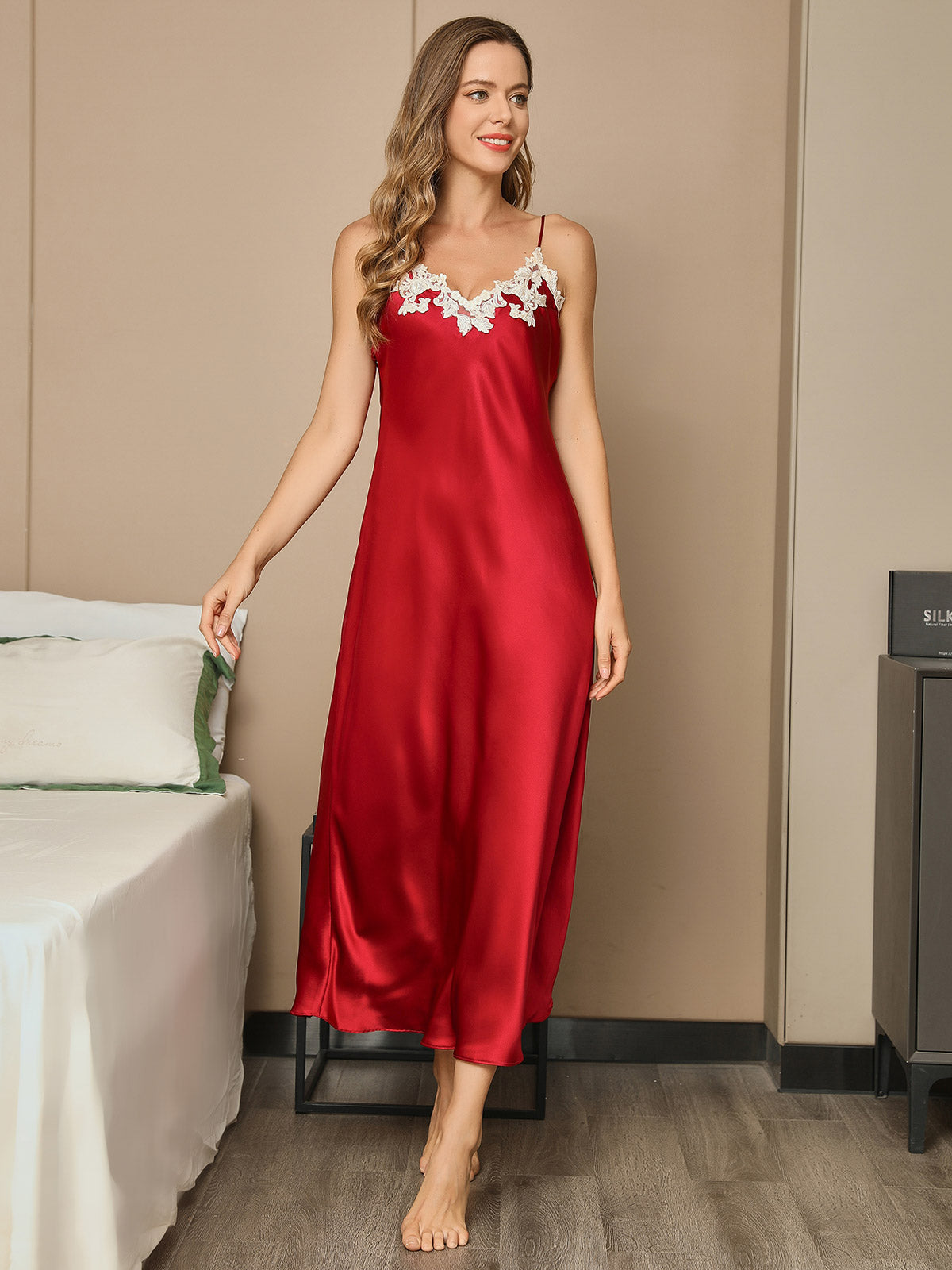 19Momme Pure Silk Spaghetti Strap V Neck Midi Dress with Lace V-Back Design