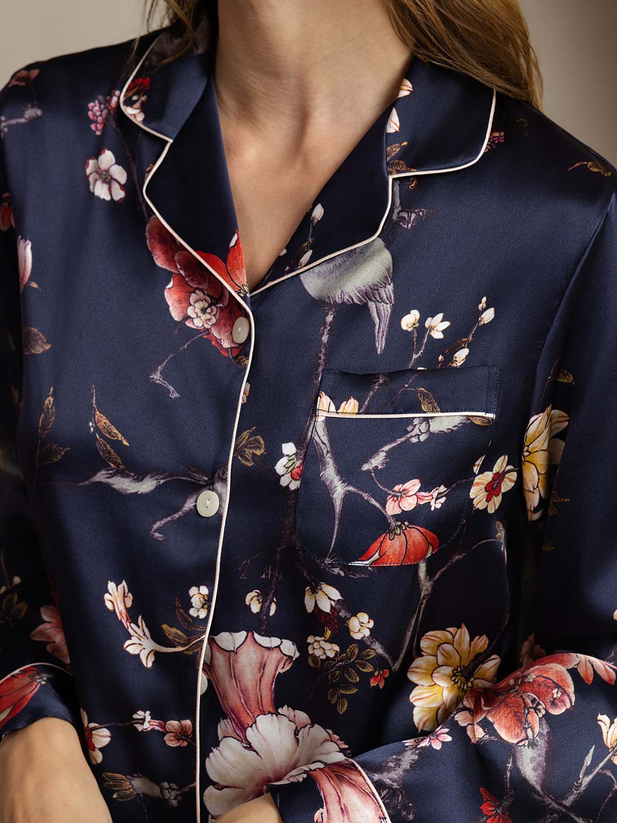 Women's Pure Silk Navy Floral Print Long Sleeve Notch Collar Button Up Pajamas Set