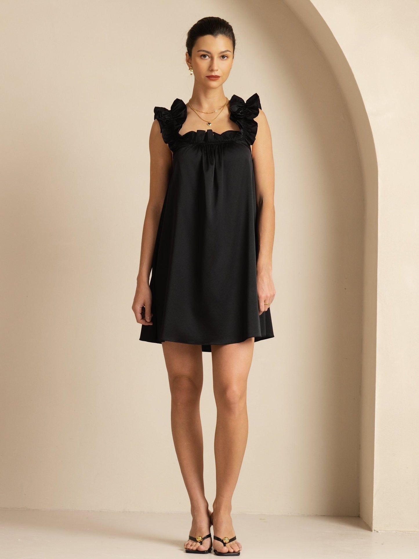 19Momme Silk Ruffle Strap Square Neck  Babydoll A-Line Short Dress