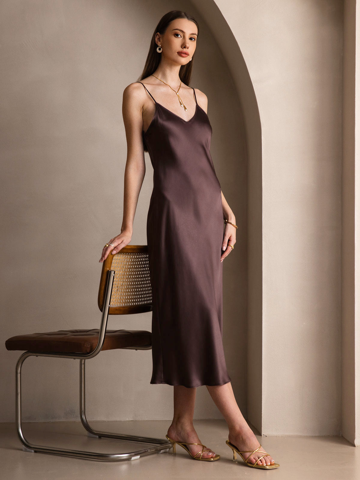 Pure Silk Spaghetti Strap V Neck Midi Dress
