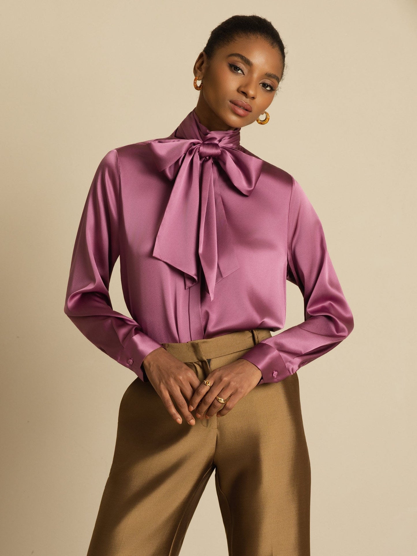19Momme Silk Long Sleeve High Neck Bow Tie Blouse