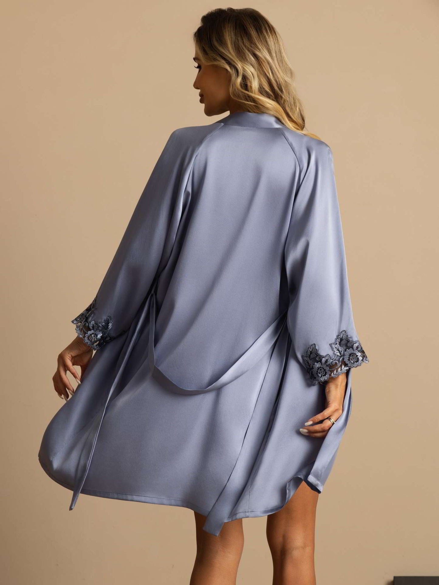 Elegant Pure Silk Lace Trimmed Robe and Camisole Set 3Pcs
