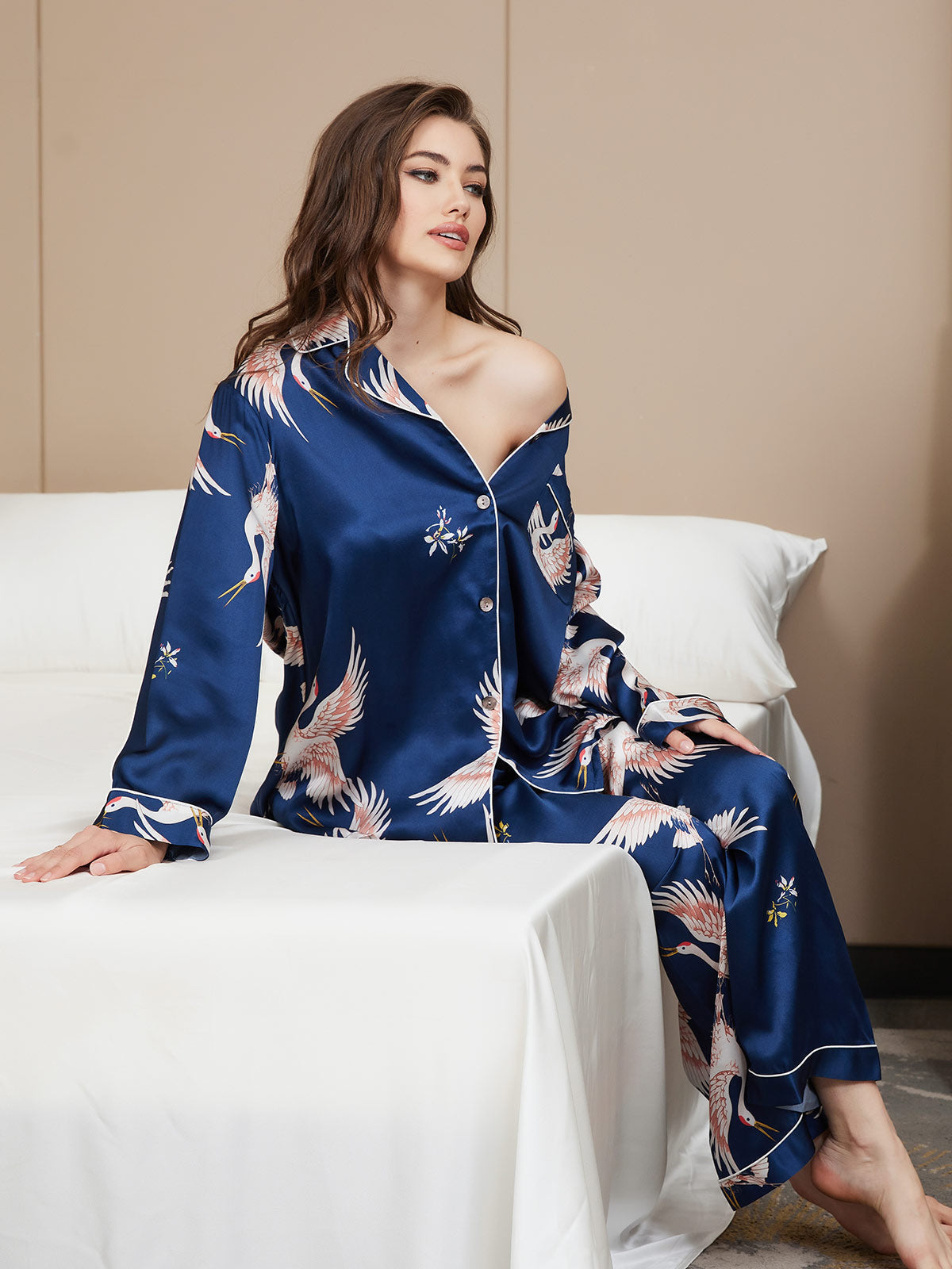 19Momme Women's Pure Silk Crane Print Long Sleeve Pyjamas Set