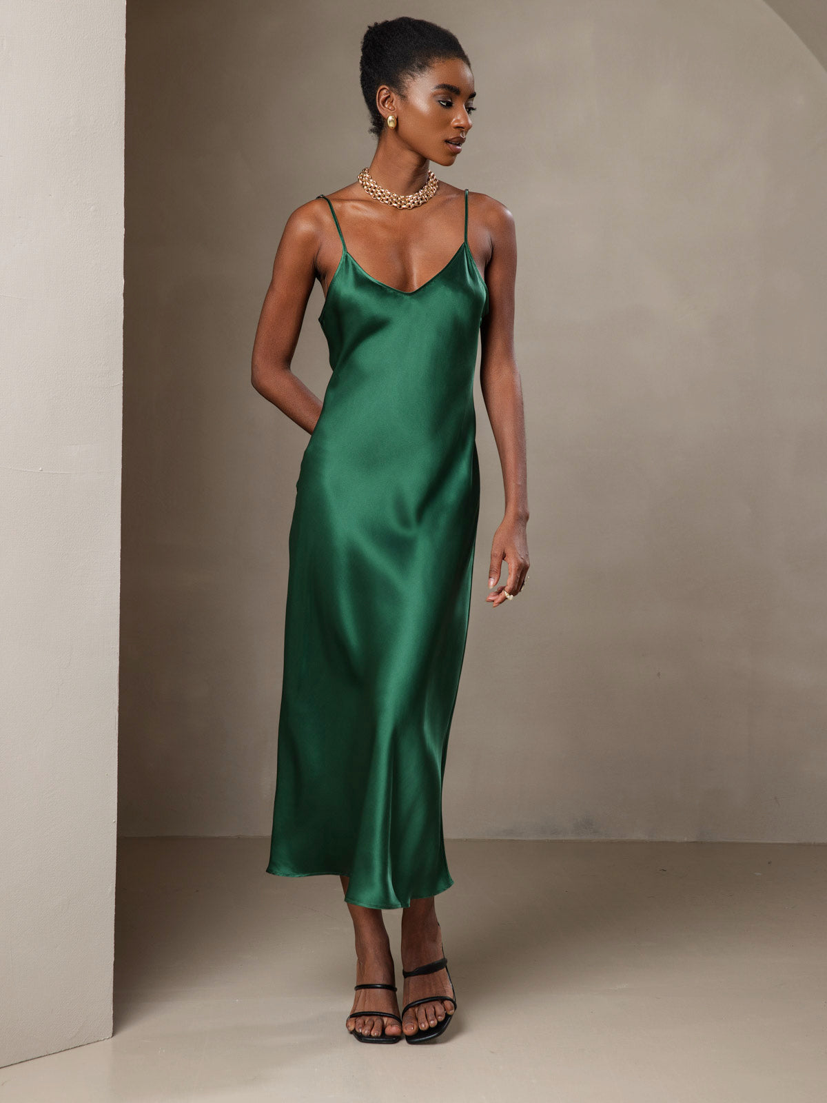 Pure Silk Spaghetti Strap V Neck Midi Dress