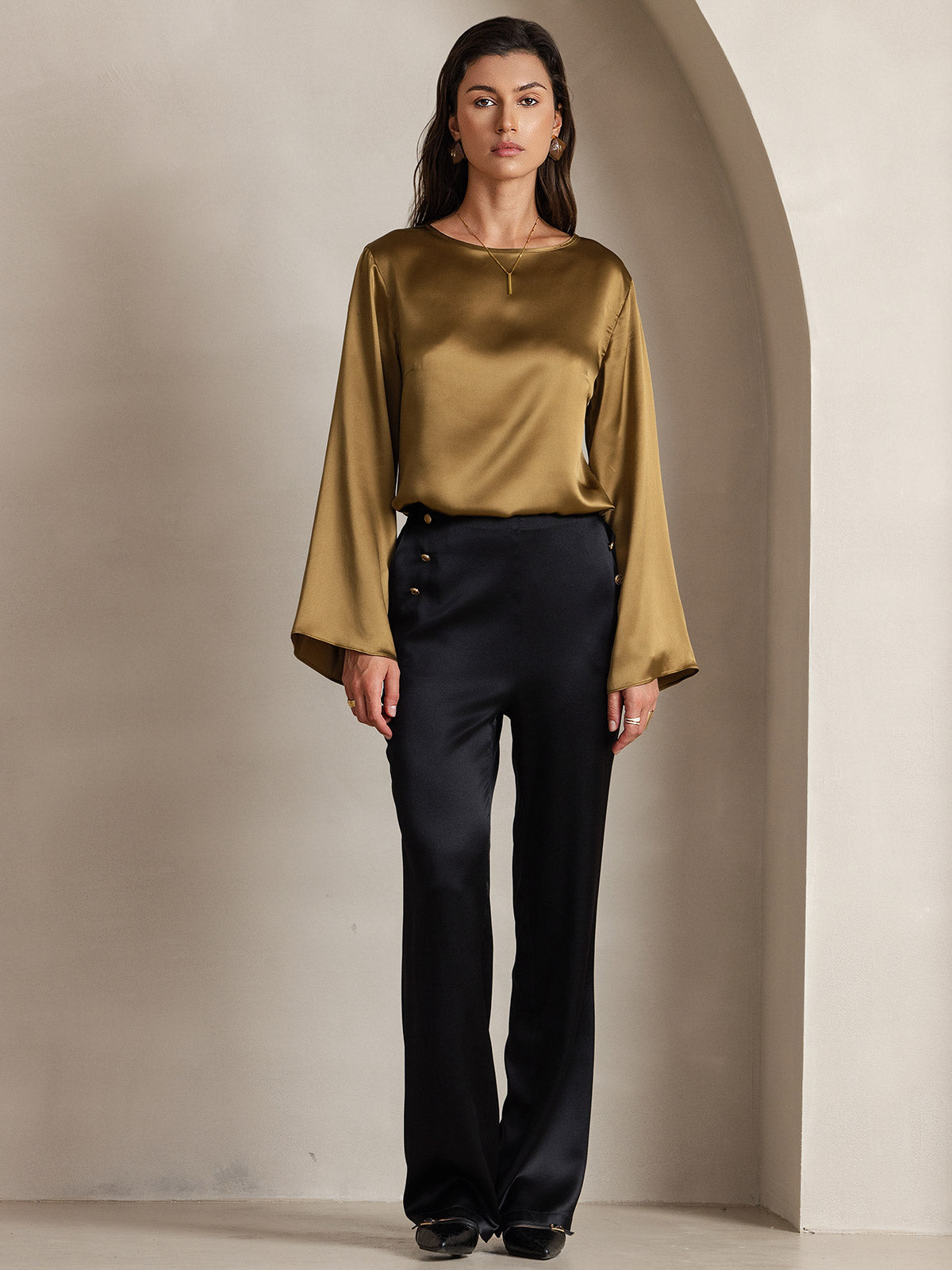 19Momme Silk Bell Sleeve Boat Neck Women's Top