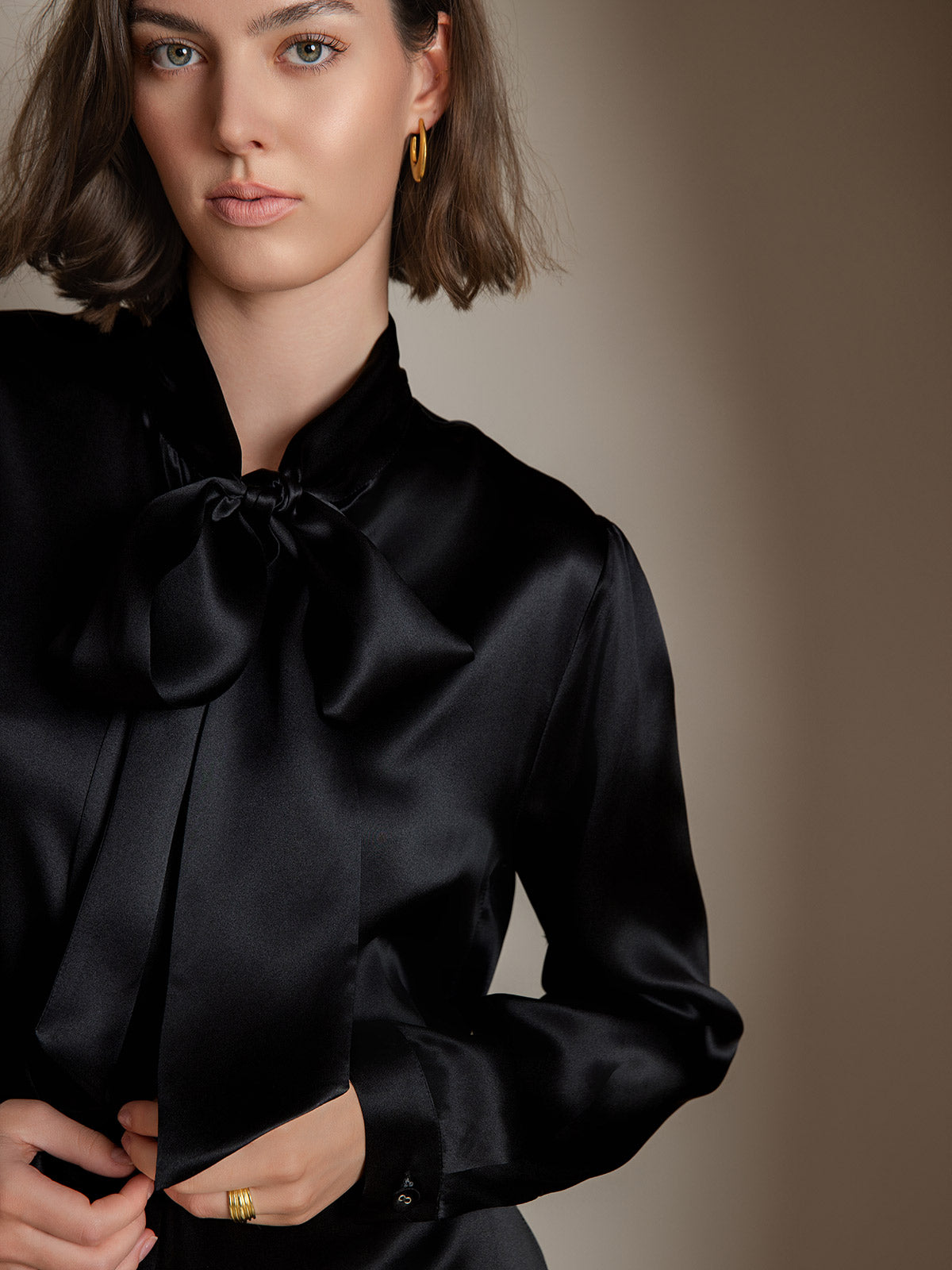 19Momme Silk Long Sleeve Tie Neck Blouse