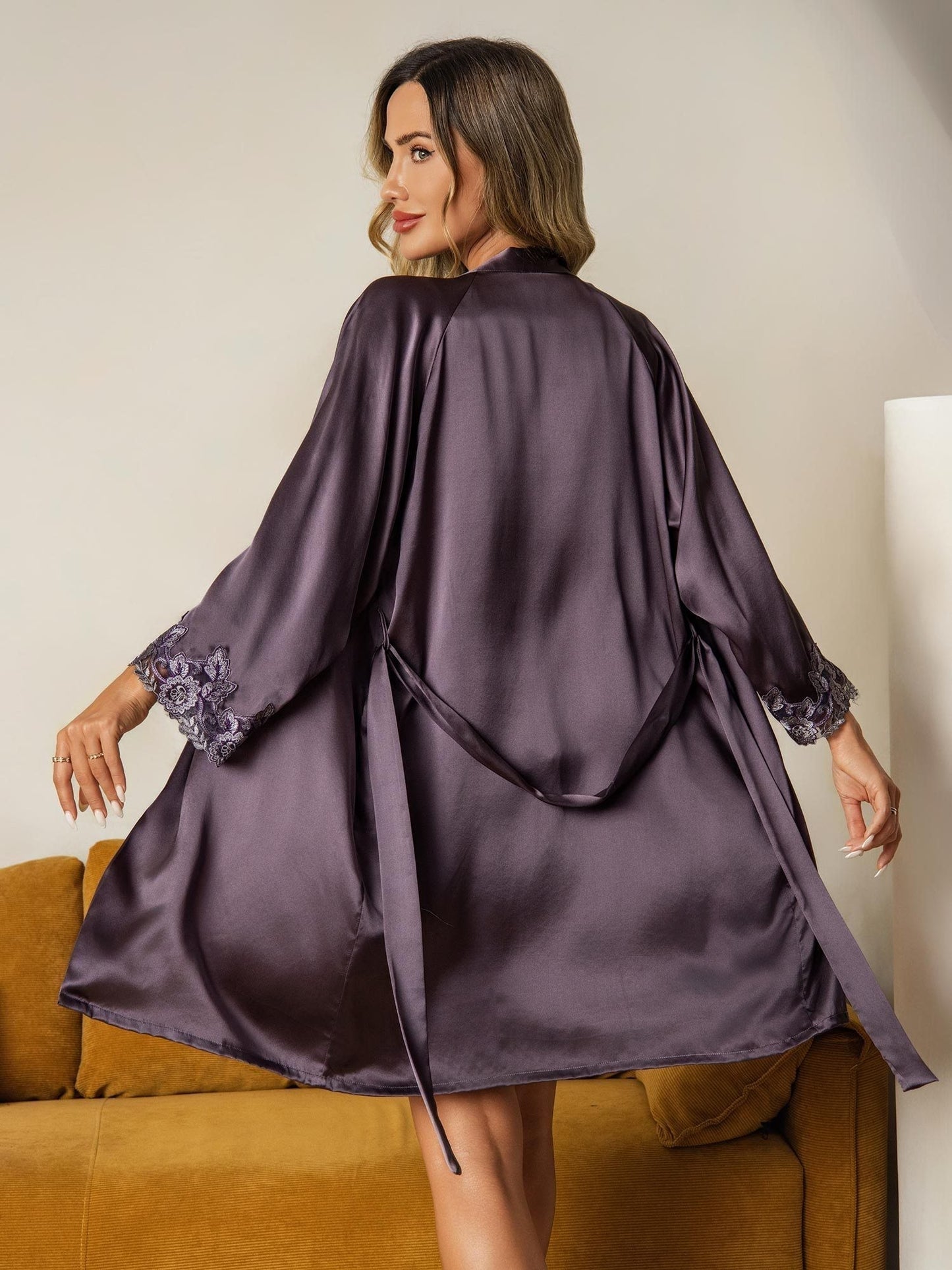 Elegant Pure Silk Lace Trimmed Robe and Camisole Set 3Pcs