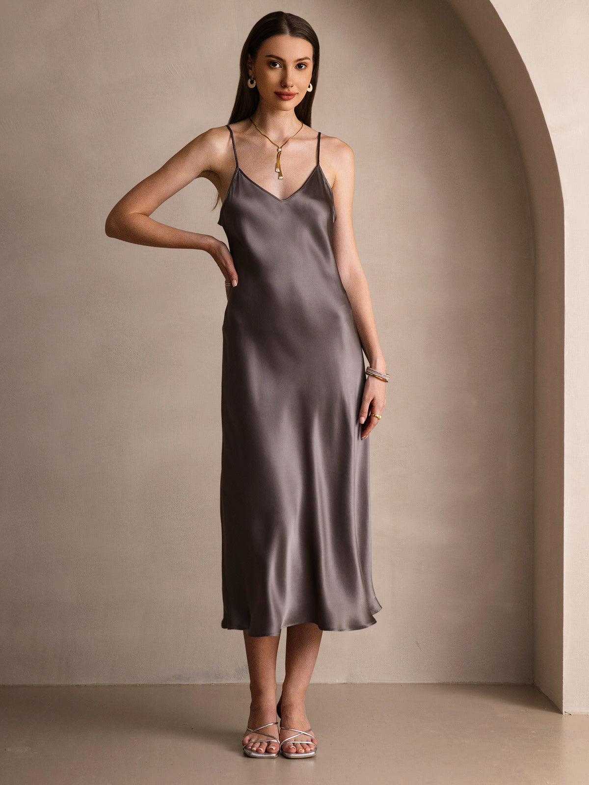 Pure Silk Spaghetti Strap V Neck Midi Dress