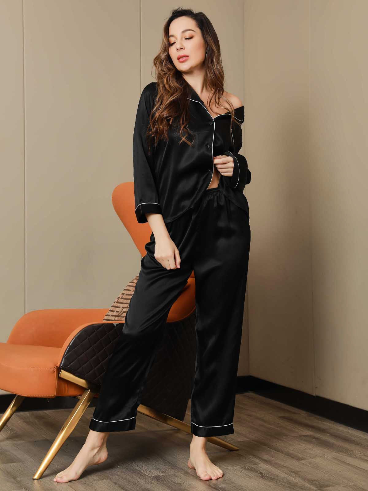 Pure Silk Notch Collar Button Up Women's Pyjamas Set