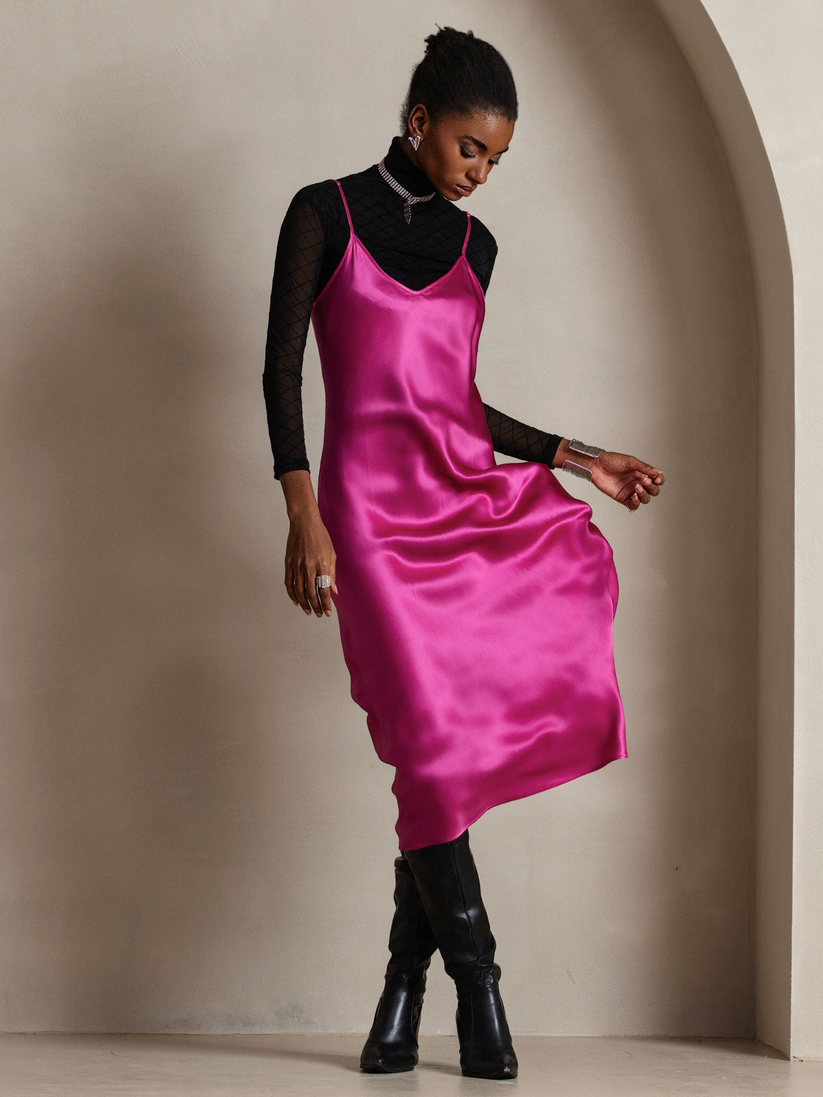 Pure Silk Spaghetti Strap V Neck Midi Dress