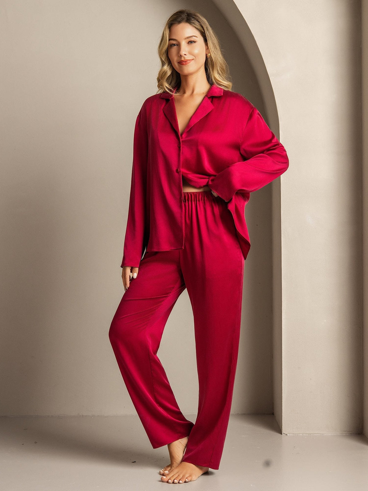 19Momme Washable Silk Long Sleeve Notch Collar Women's Pajamas Set