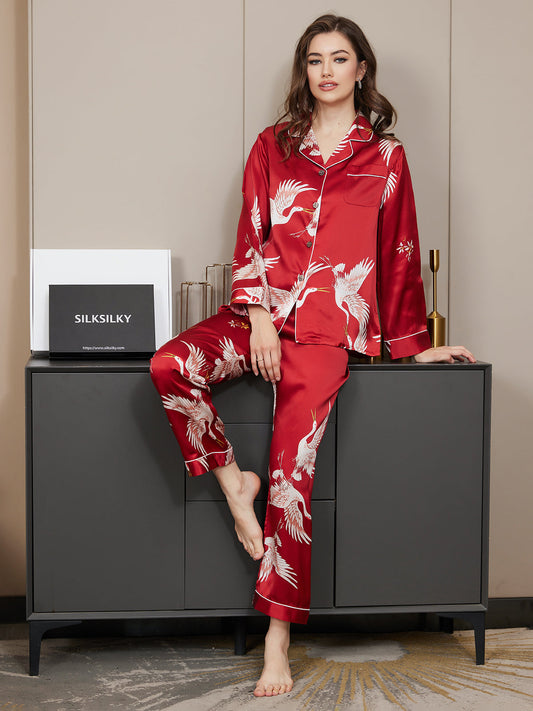 19Momme Women's Pure Silk Crane Print Long Sleeve Notch Collar Pyjamas Set
