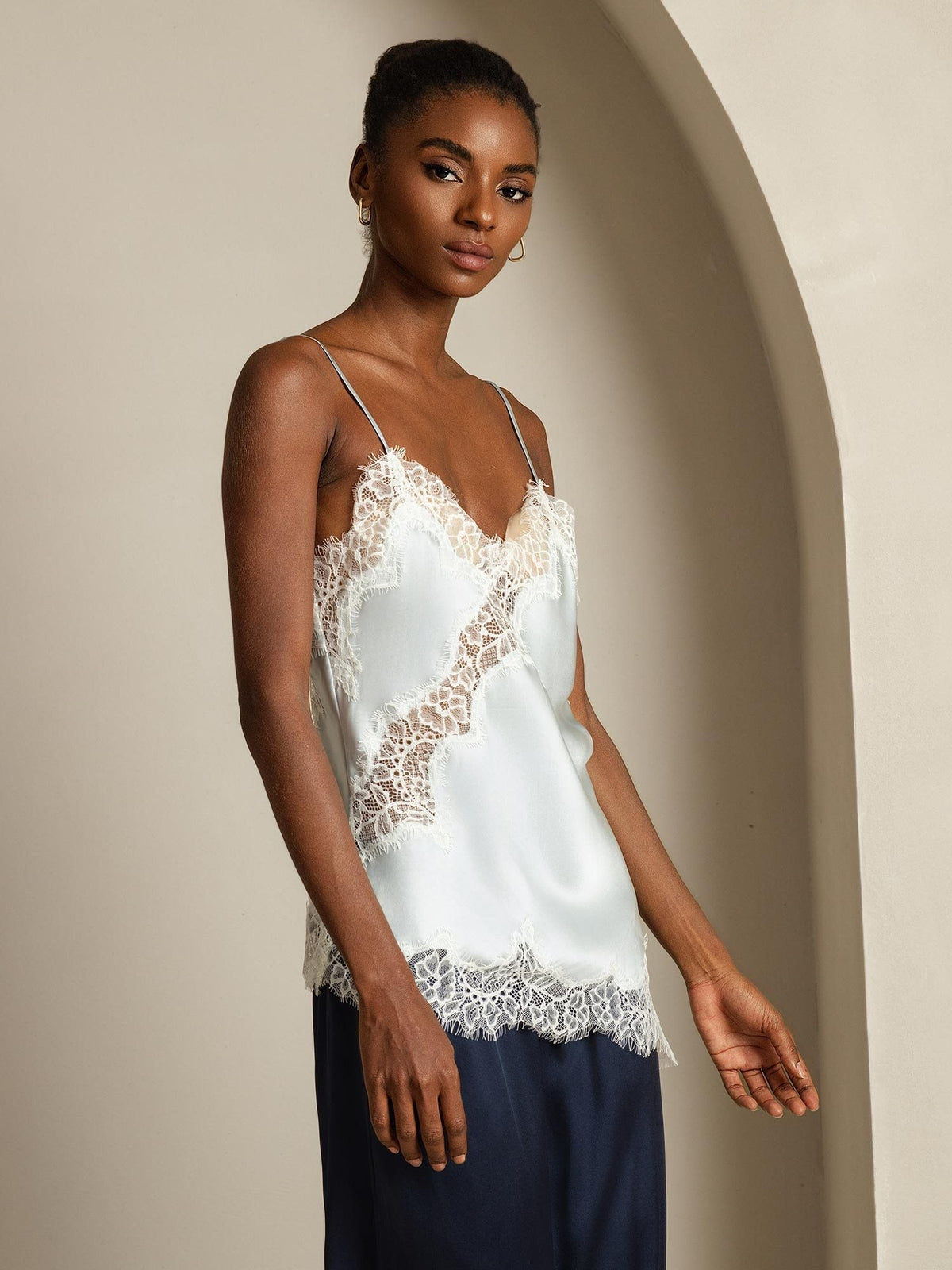 Pure Silk Spaghetti Straps Lace Camisole Top with Asymmetrical Hem