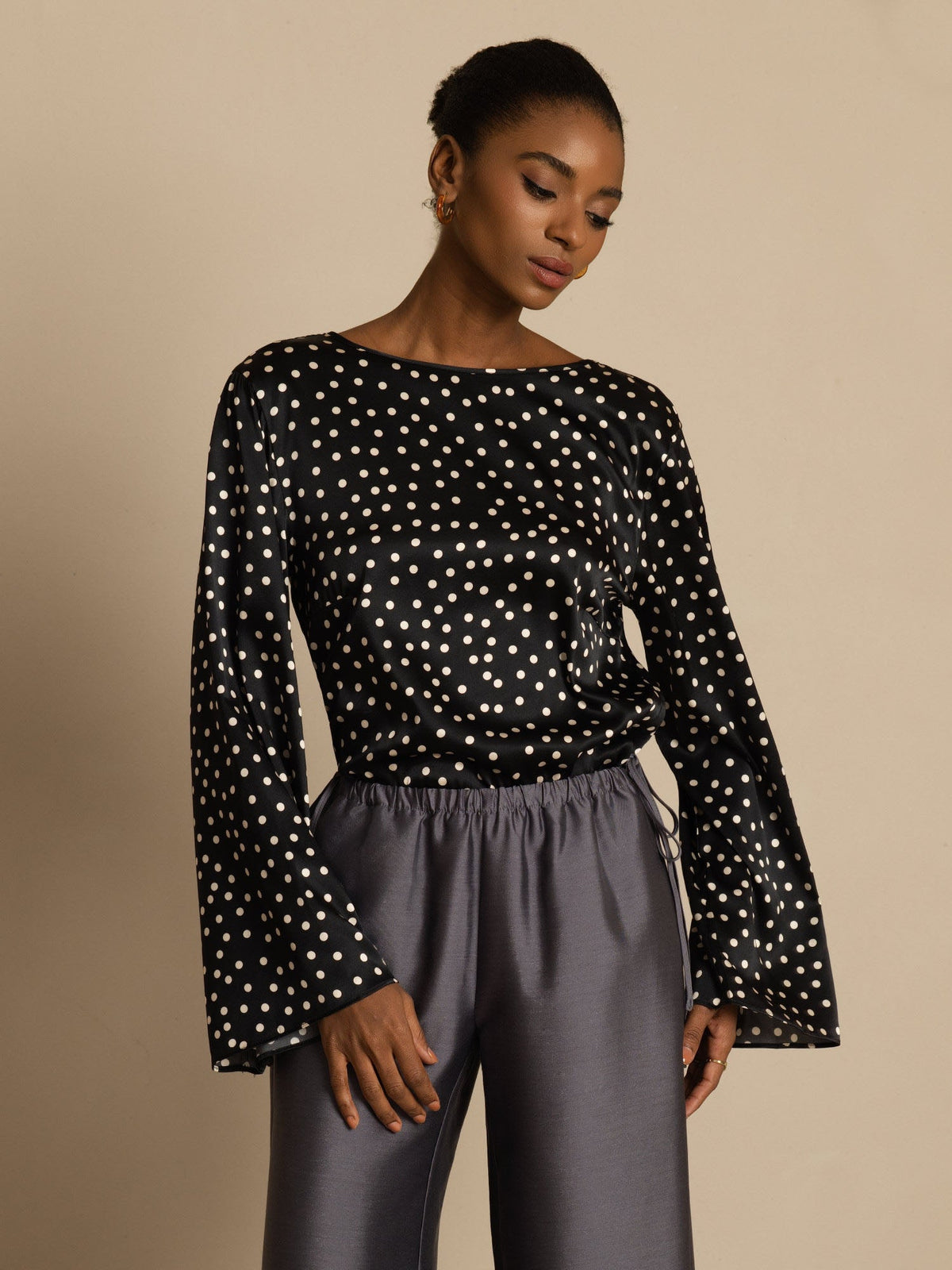 19Momme Women's Silk Polka Dot Print Bell Sleeve Boat Neck Top