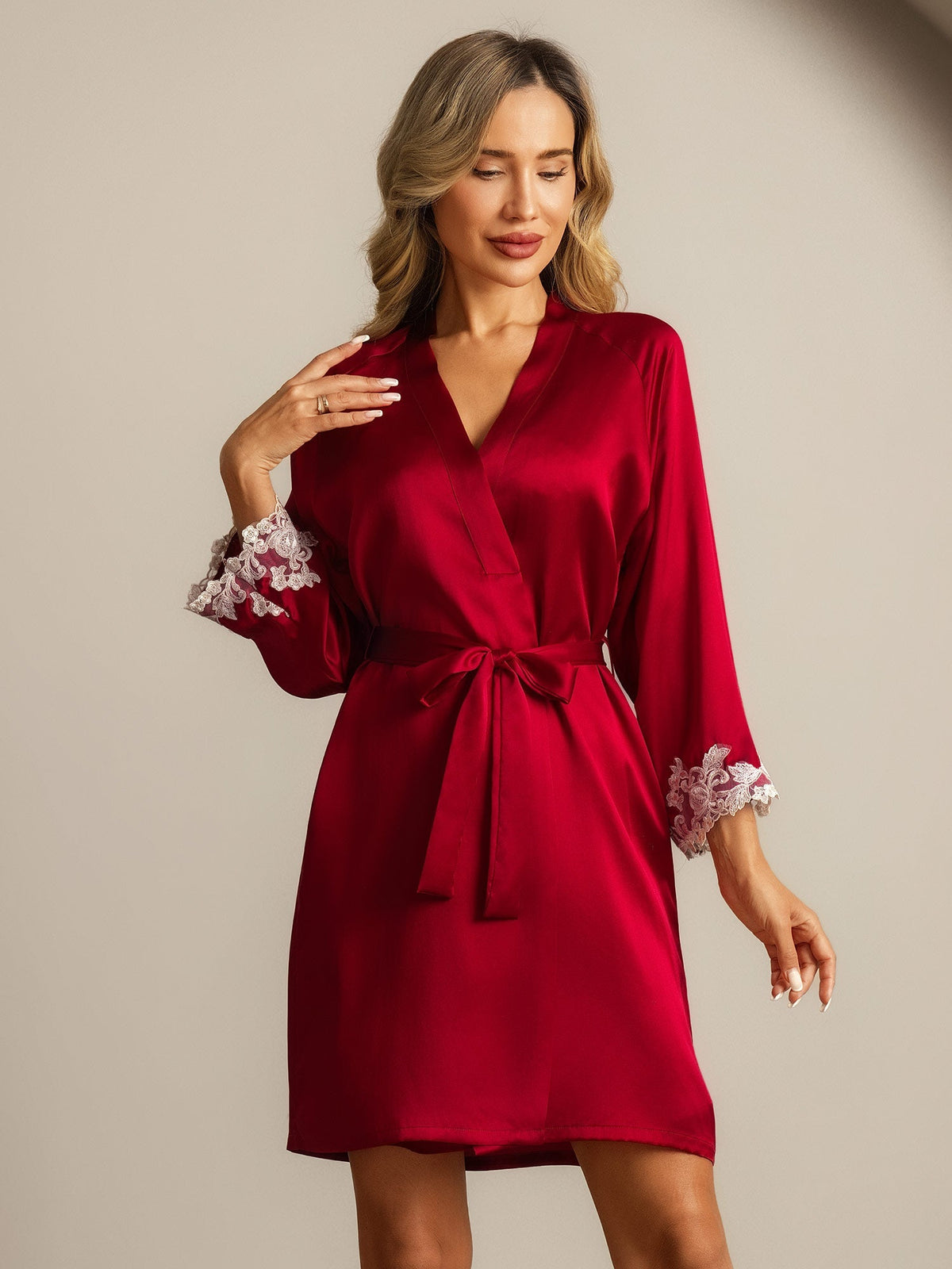 Silk Lace Cuffs Dressing Gown Wrap Kimono Belted with 3/4 Sleeves