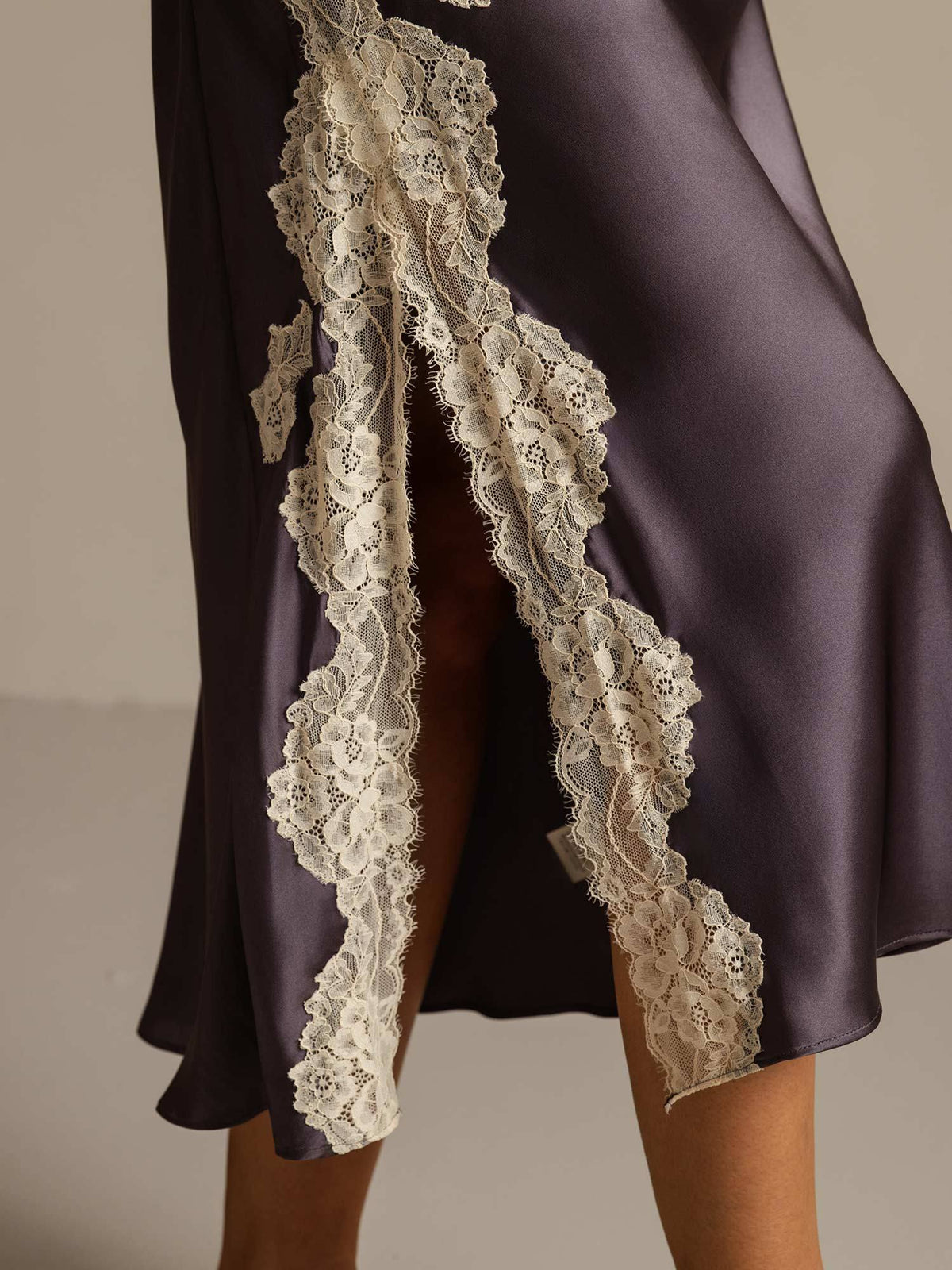 Pure Silk Spaghetti Strap Long Nightgown with Lace Split Design