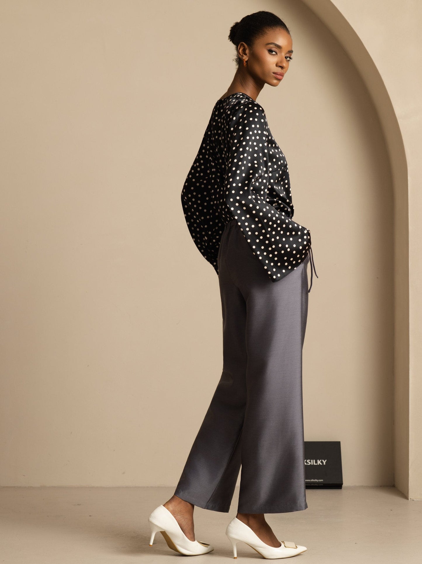 19Momme Women's Silk Polka Dot Print Bell Sleeve Boat Neck Top