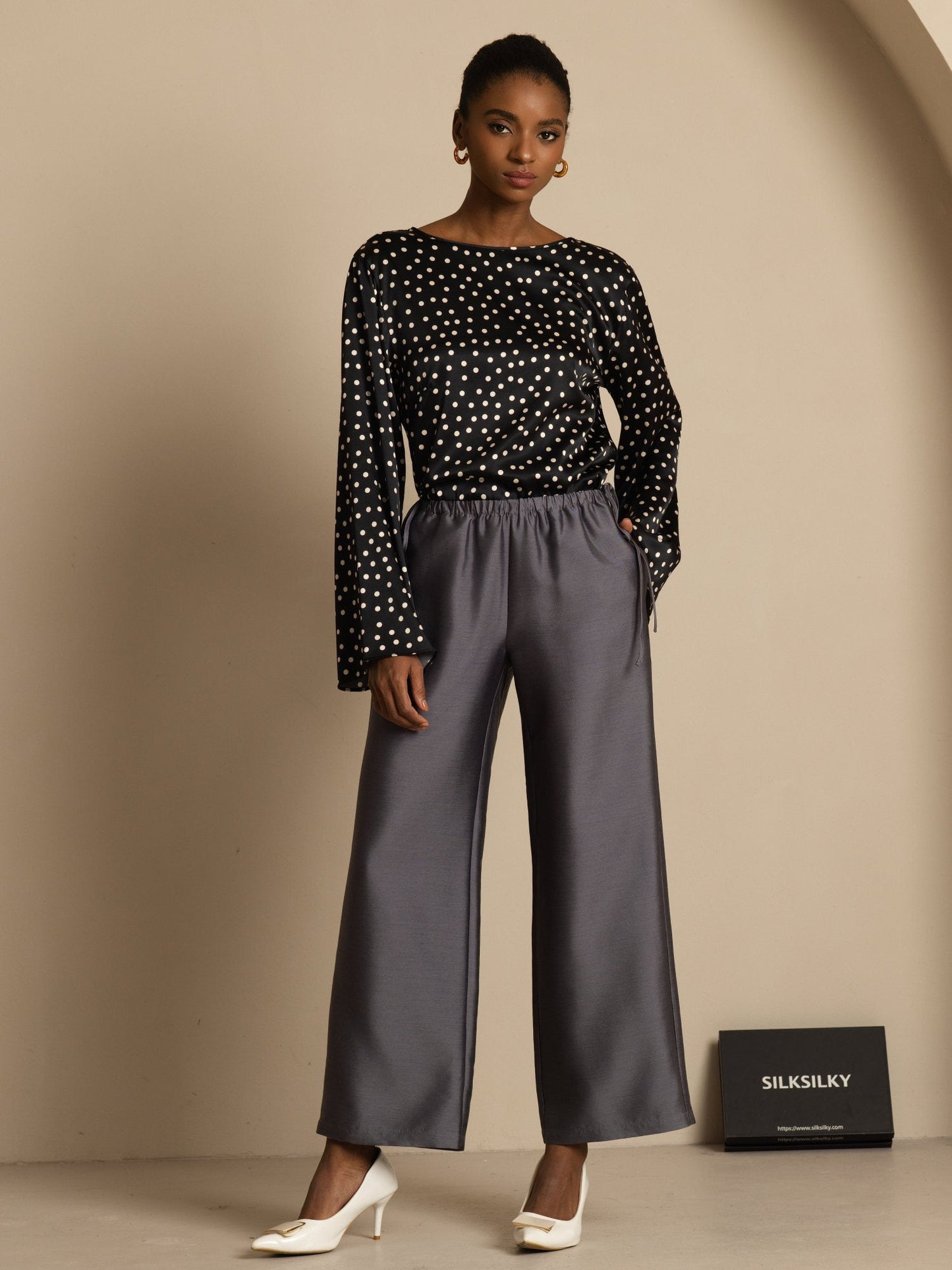 19Momme Women's Silk Polka Dot Print Bell Sleeve Boat Neck Top