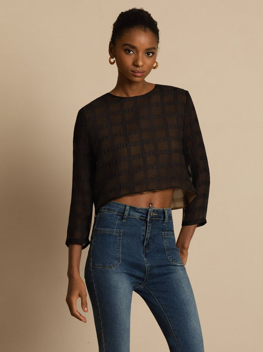 Pure Silk Women's Long Sleeve Textured Grid Crop Blouse with Back Ties