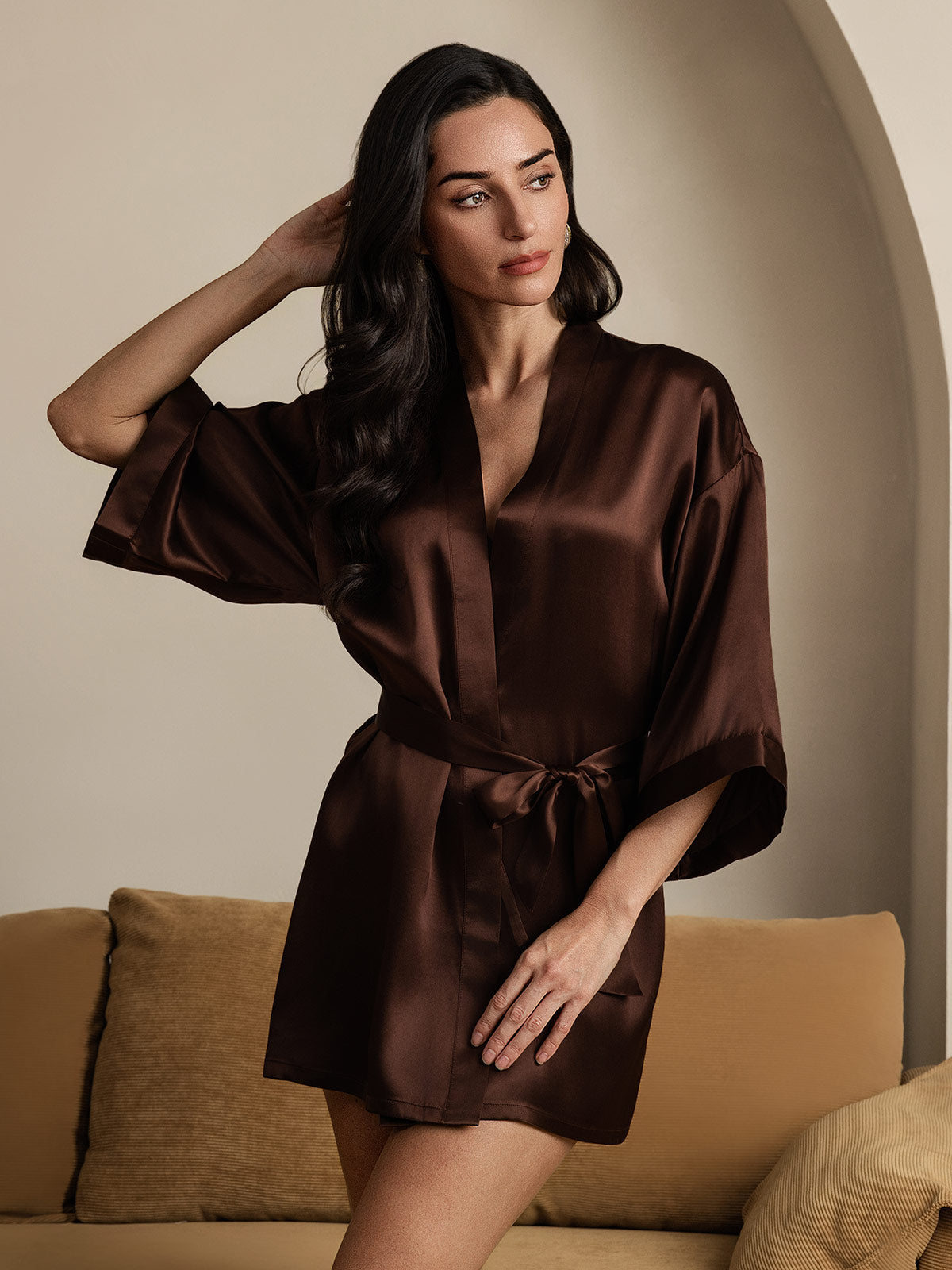 Pure Silk Short Women's Kimono Dressing Gown with Wrap Design