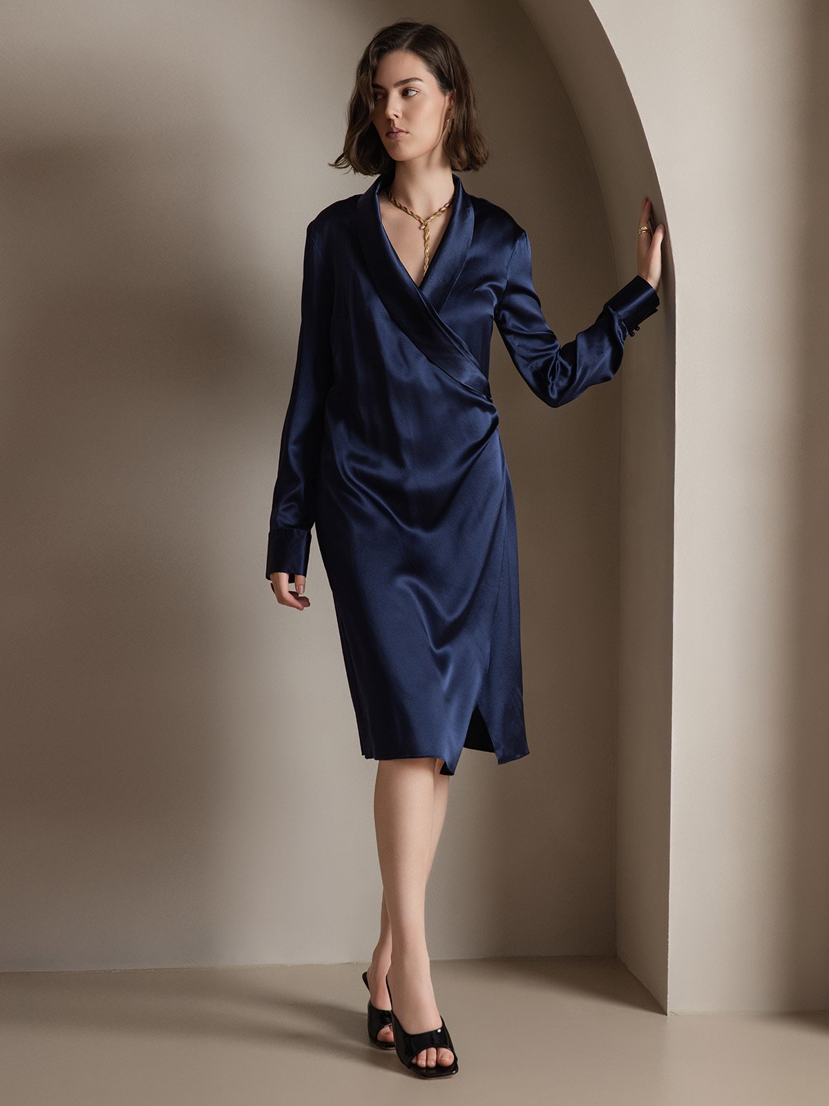 Clearance(Ships to UK Only) - 19Momme Silk Long Sleeve Lapel Collar Wrap Dress with Split Design