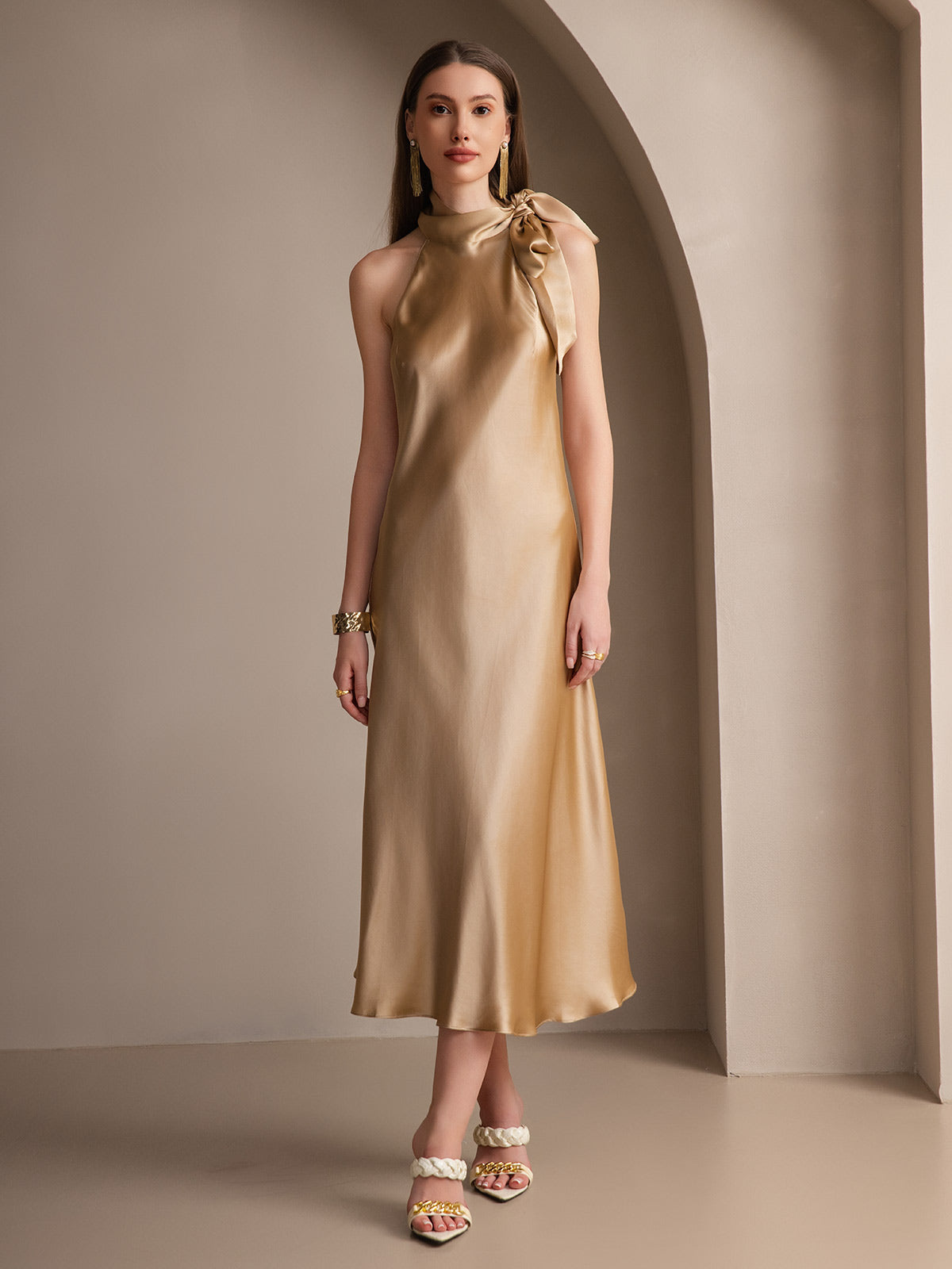 19Momme Silk Sleeveless Tie Neck Midi Dress