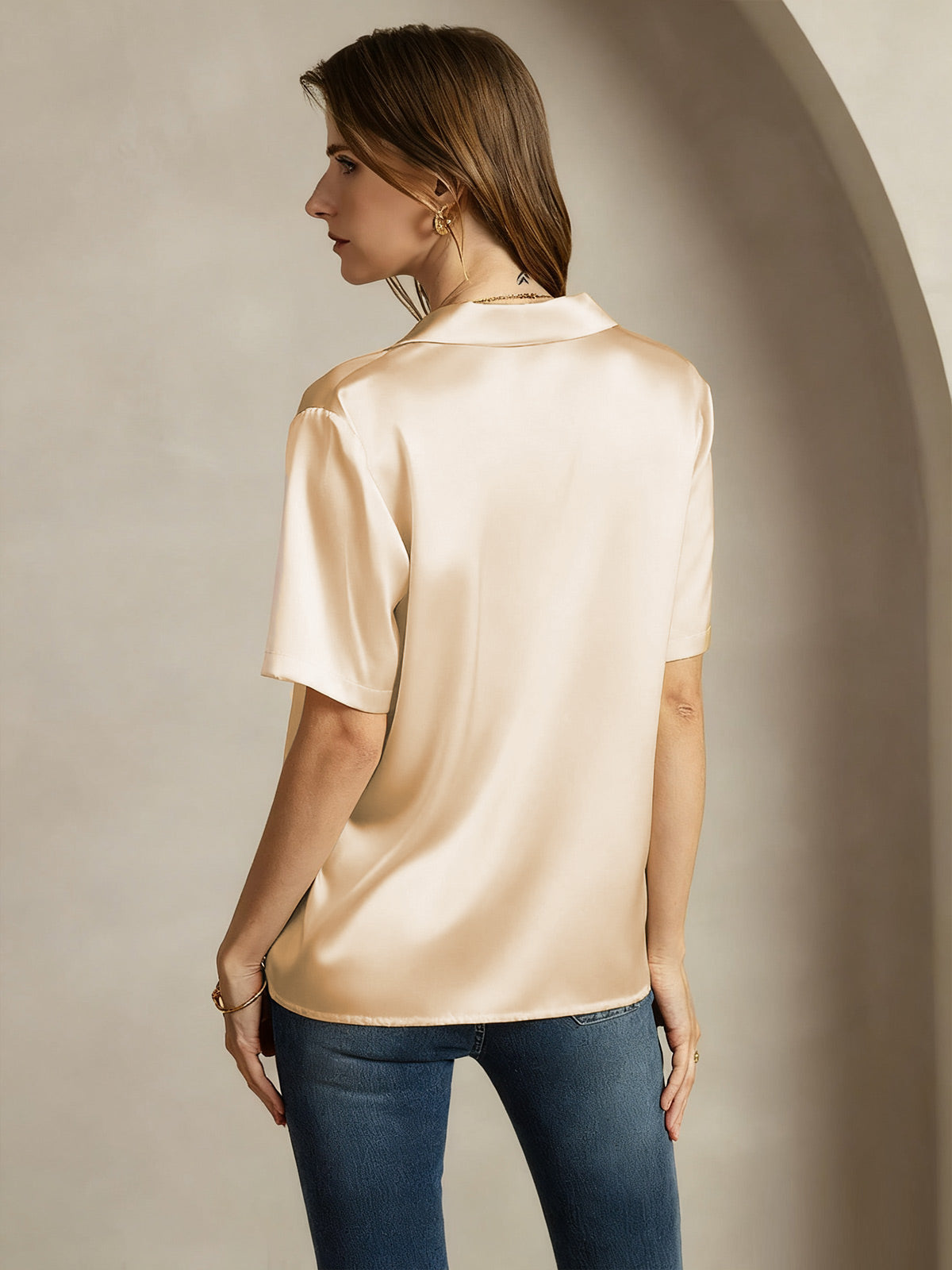 19Momme Silk Short Sleeve Notched Lapel Women's Shirt with Button Up Design