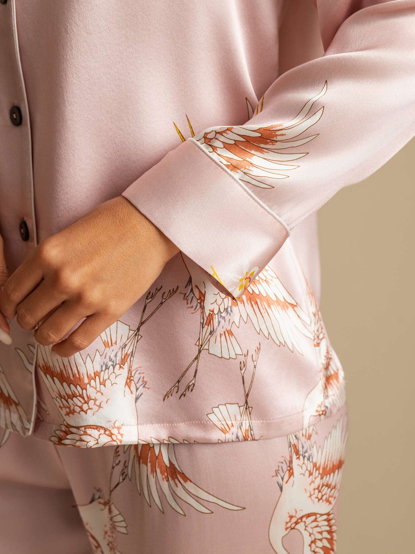 19Momme Pure Silk Crane Print Women's Long Sleeve Notch Collar Pyjamas Set