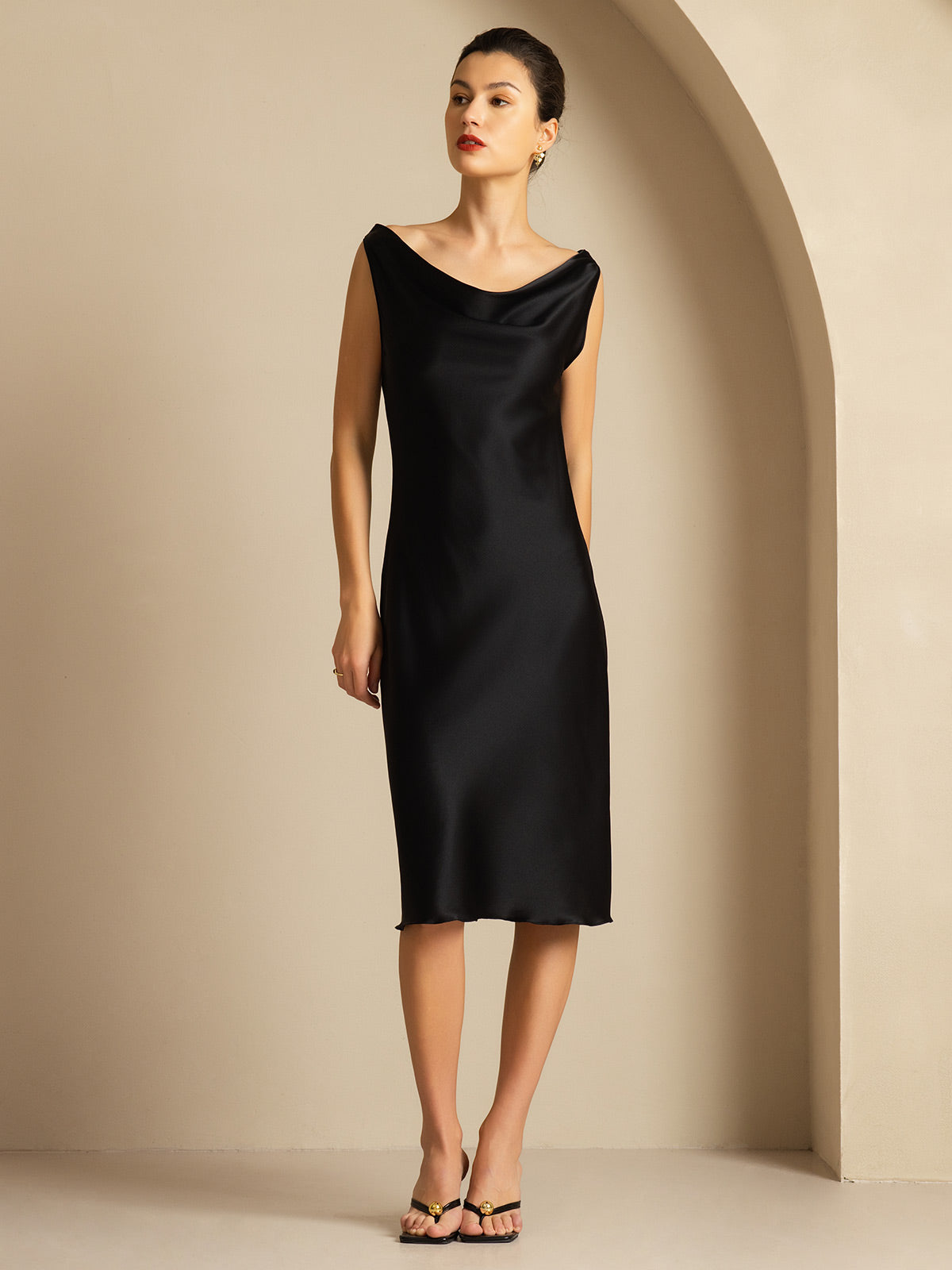 19Momme Silk Sleeveless Cowl Neck Knee Dress