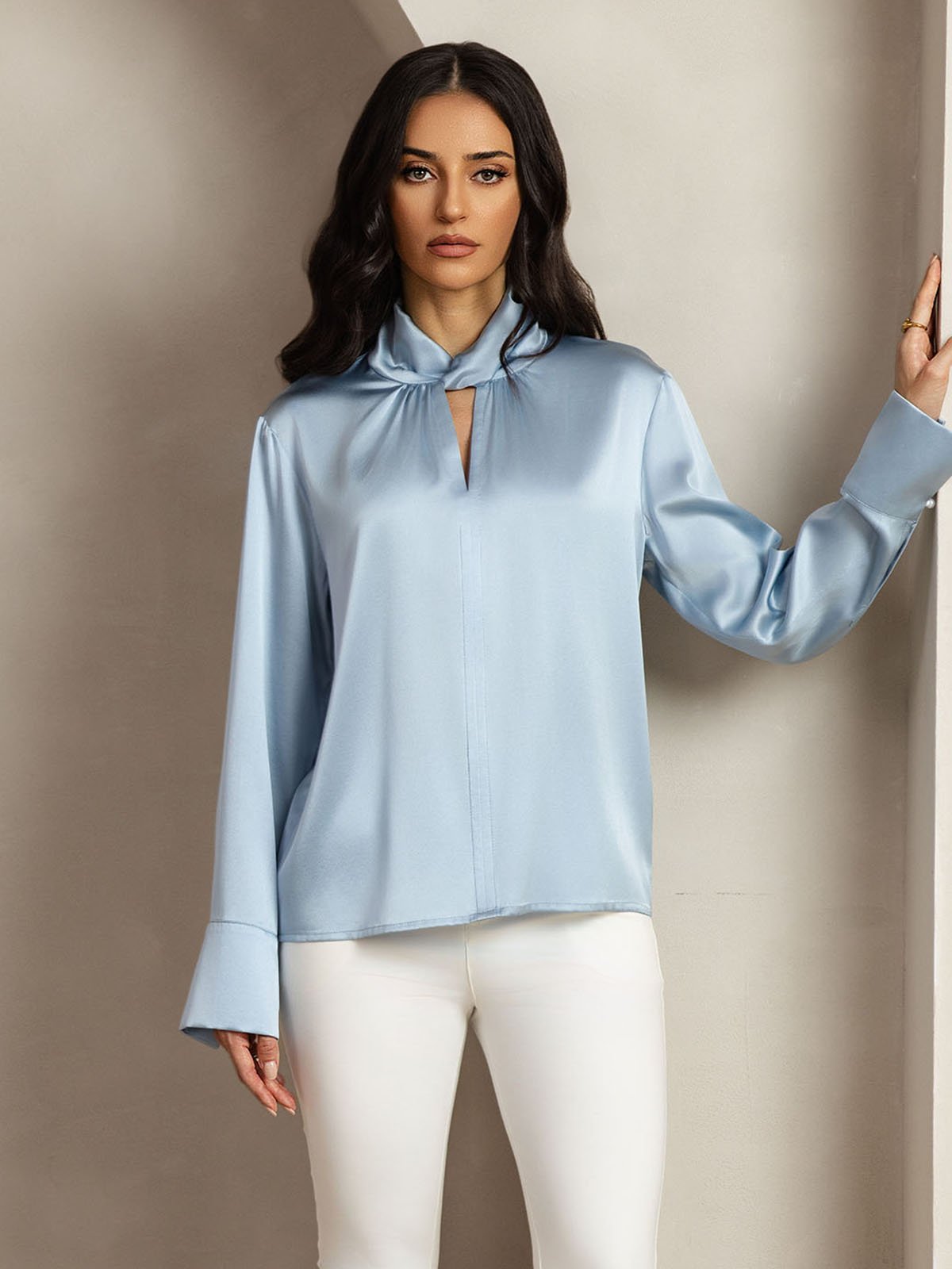 19Momme Silk Keyhole Neck Blouse with Pearl Buttons