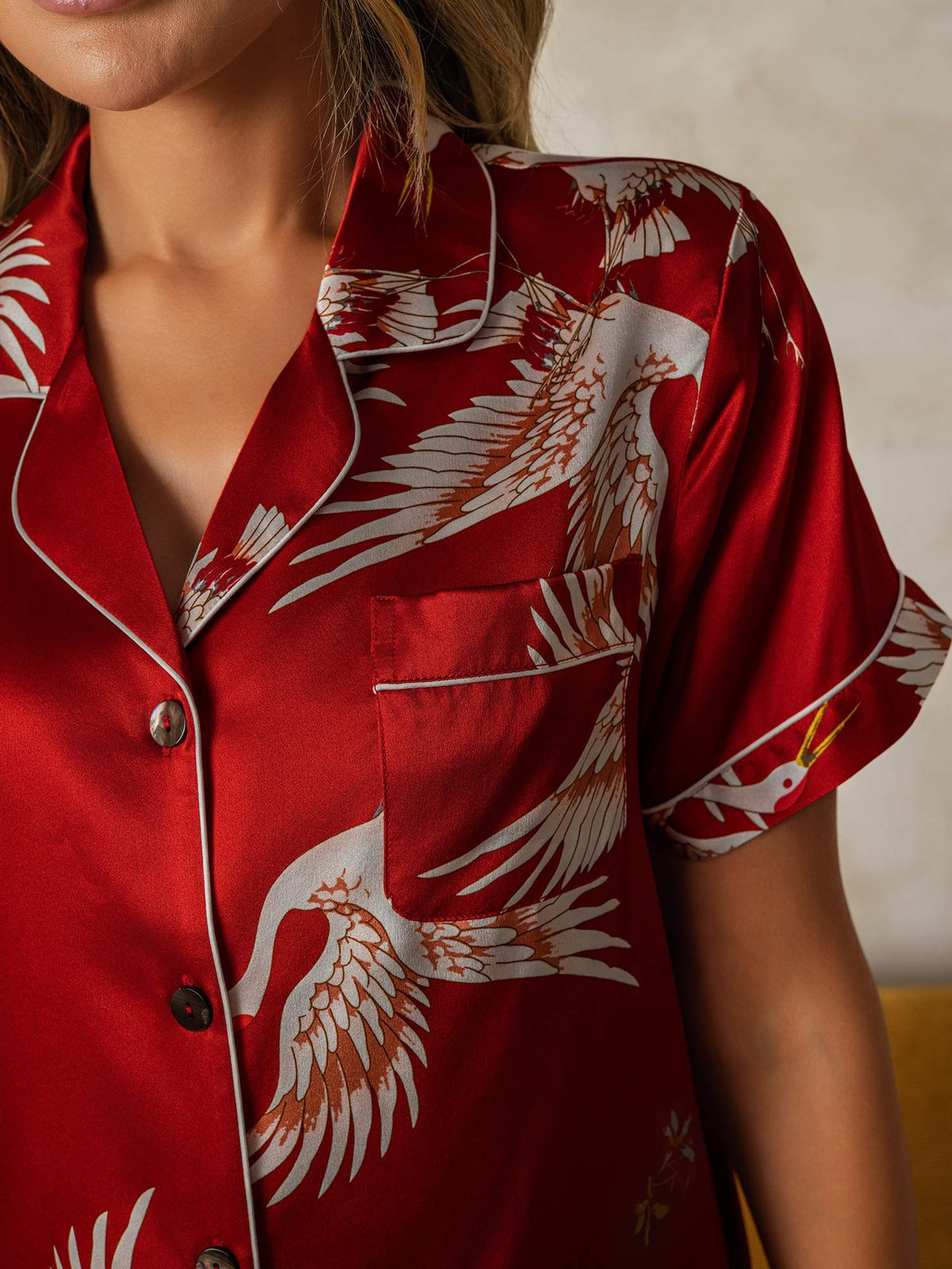 19Momme Pure Silk Crane Print Short Sleeve Notch Collar Women's Pyjamas Set
