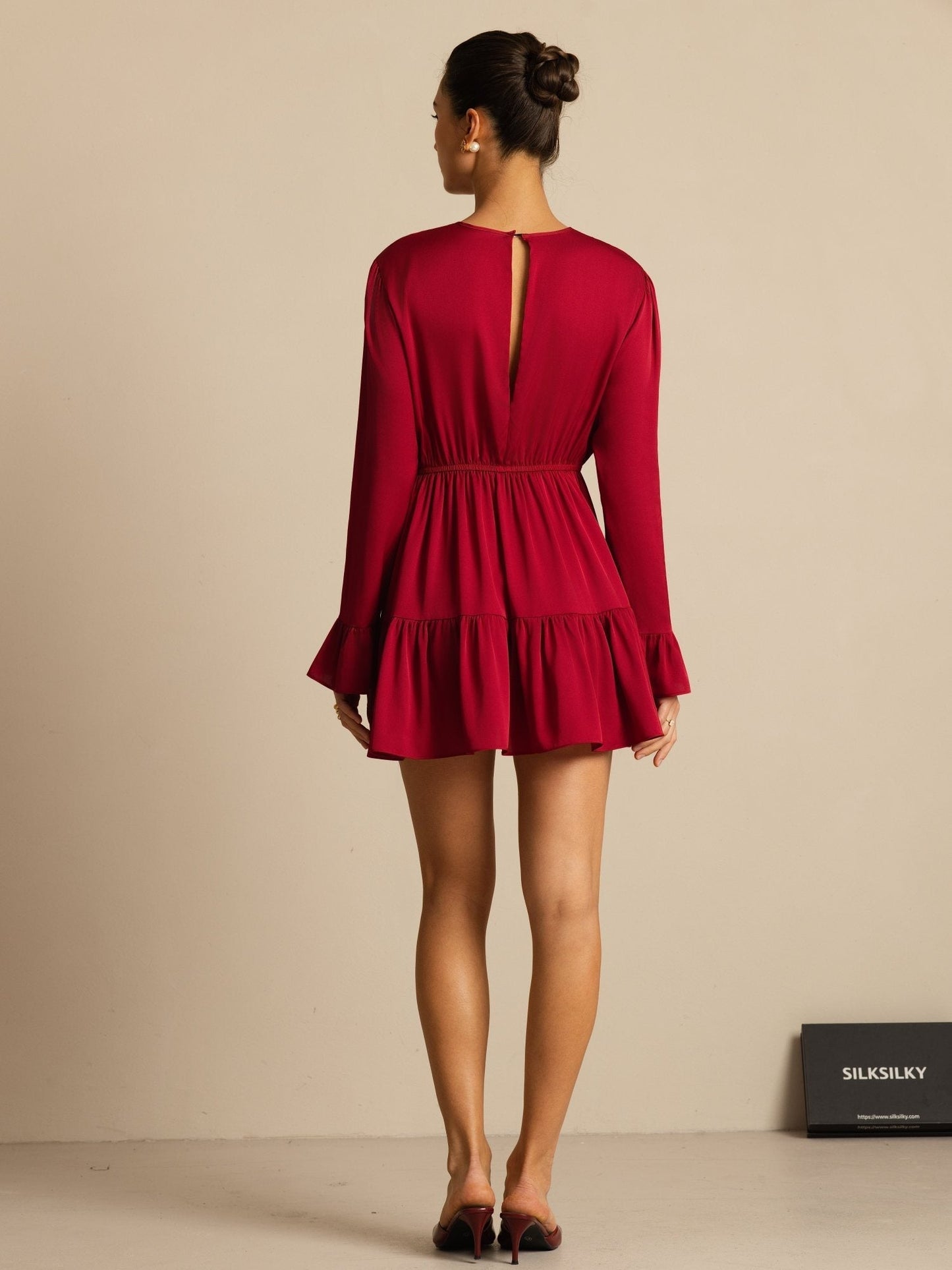 19Momme Silk  Ruffle Sleeves Short A-Line Flowy Dress