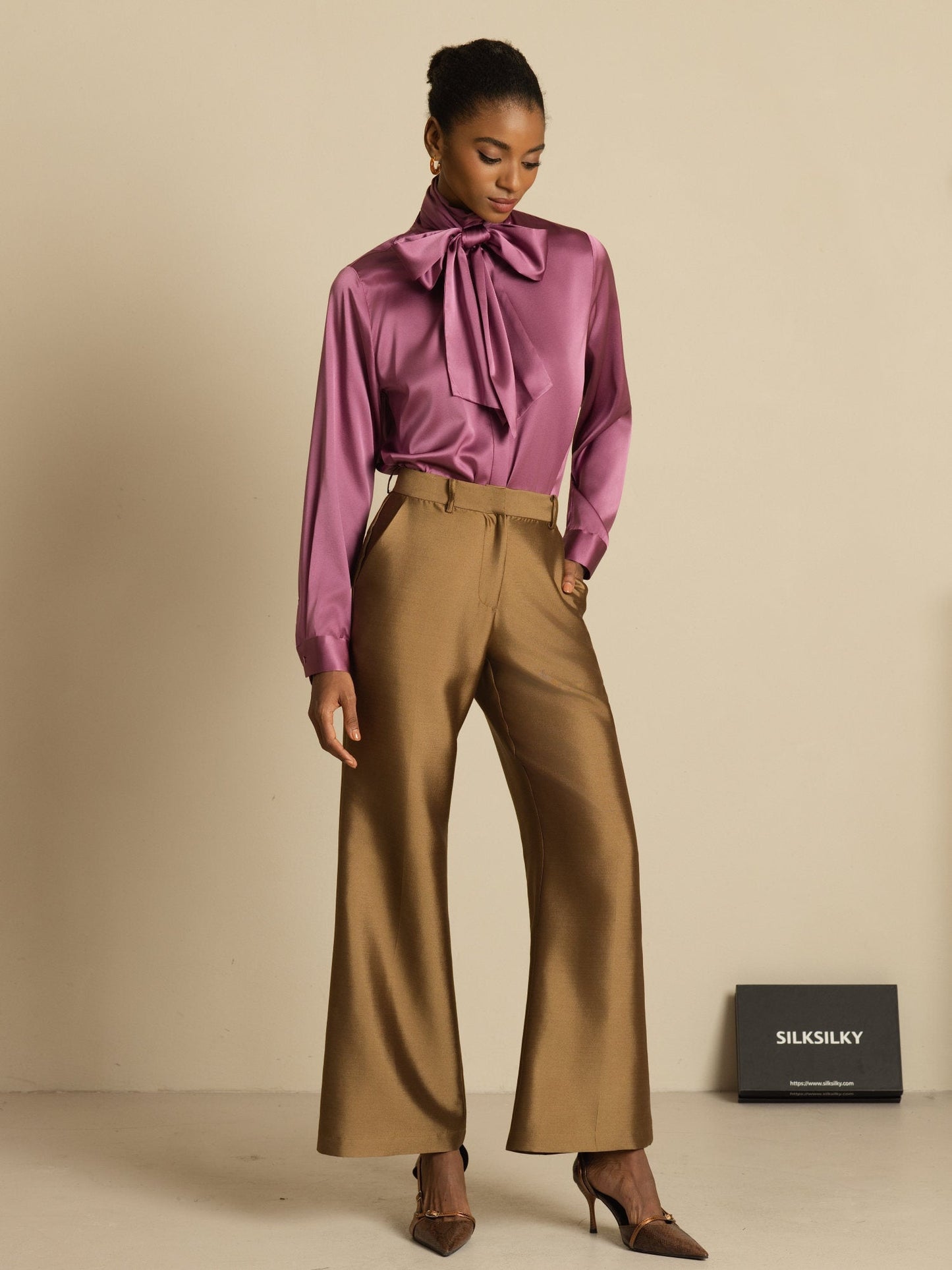 19Momme Silk Long Sleeve High Neck Bow Tie Blouse