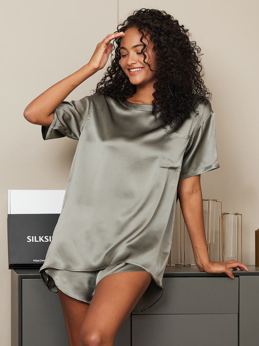 Pure Silk Short Sleeve Round Neck Women's Pyjamas Set
