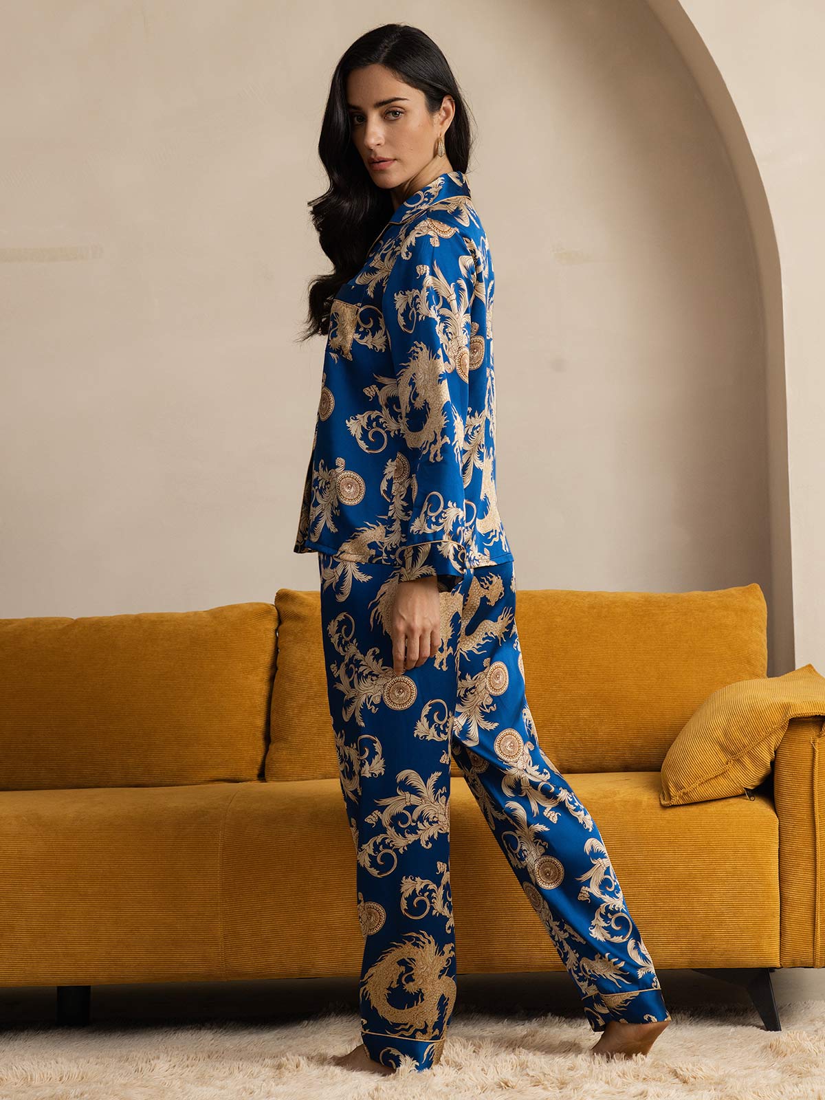 Pure Silk Dragon Print Long Sleeve Notch Collar Women's Pyjamas Set With Pants