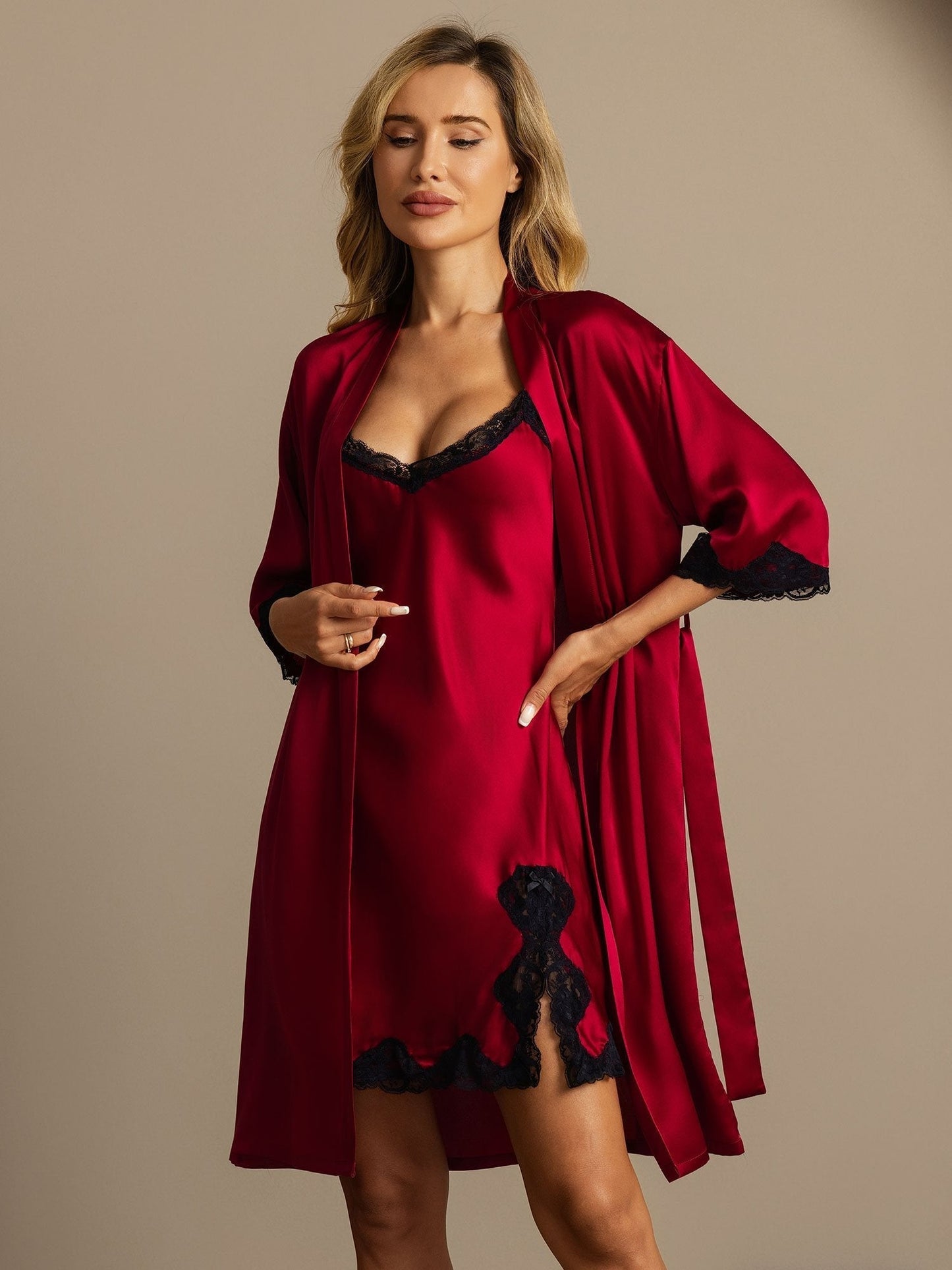 Pure Silk Basic Lace Trimmed Split Nightdress&Dressing gowns 2Pcs