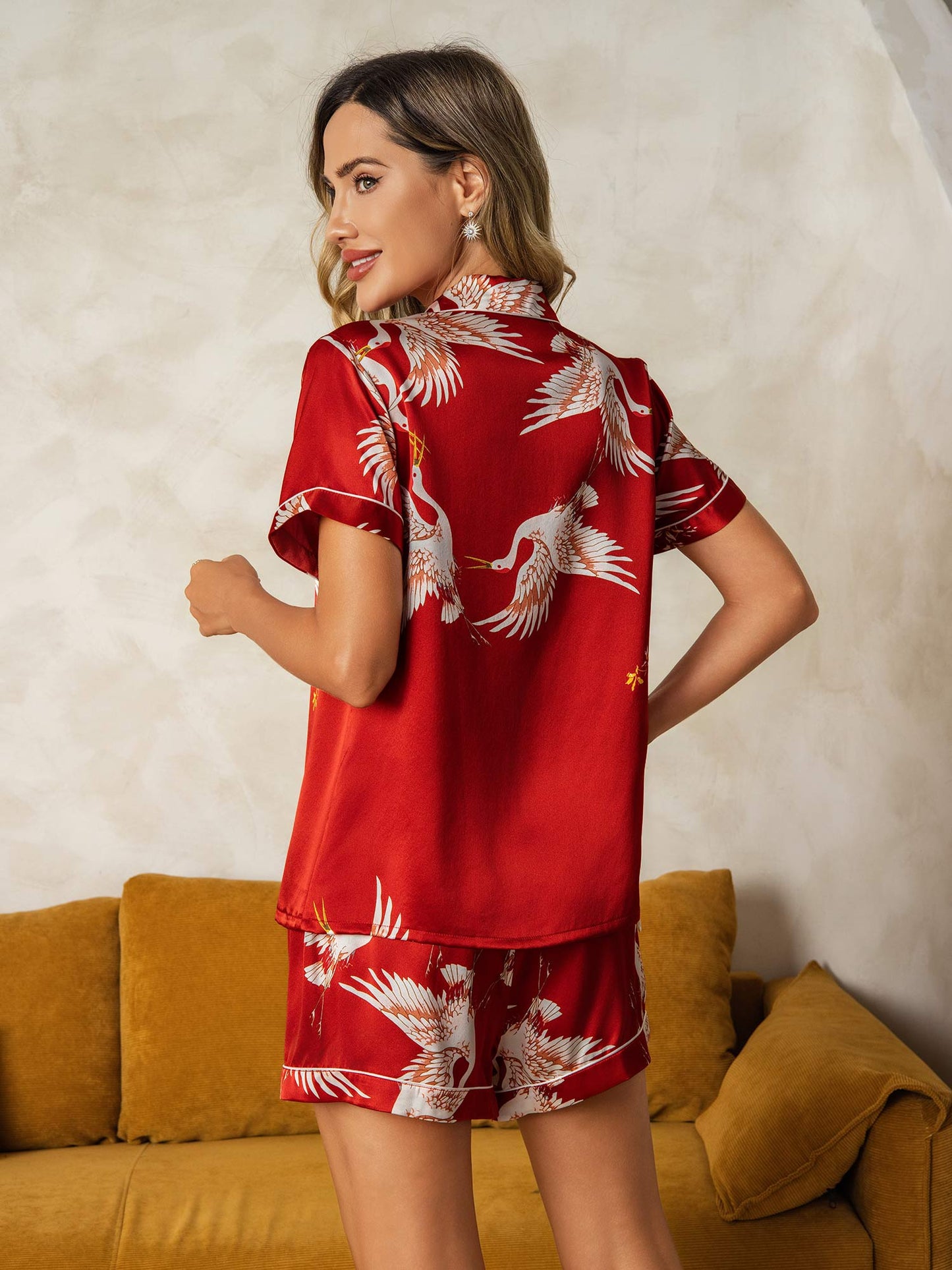 19Momme Pure Silk Crane Print Short Sleeve Notch Collar Women's Pyjamas Set