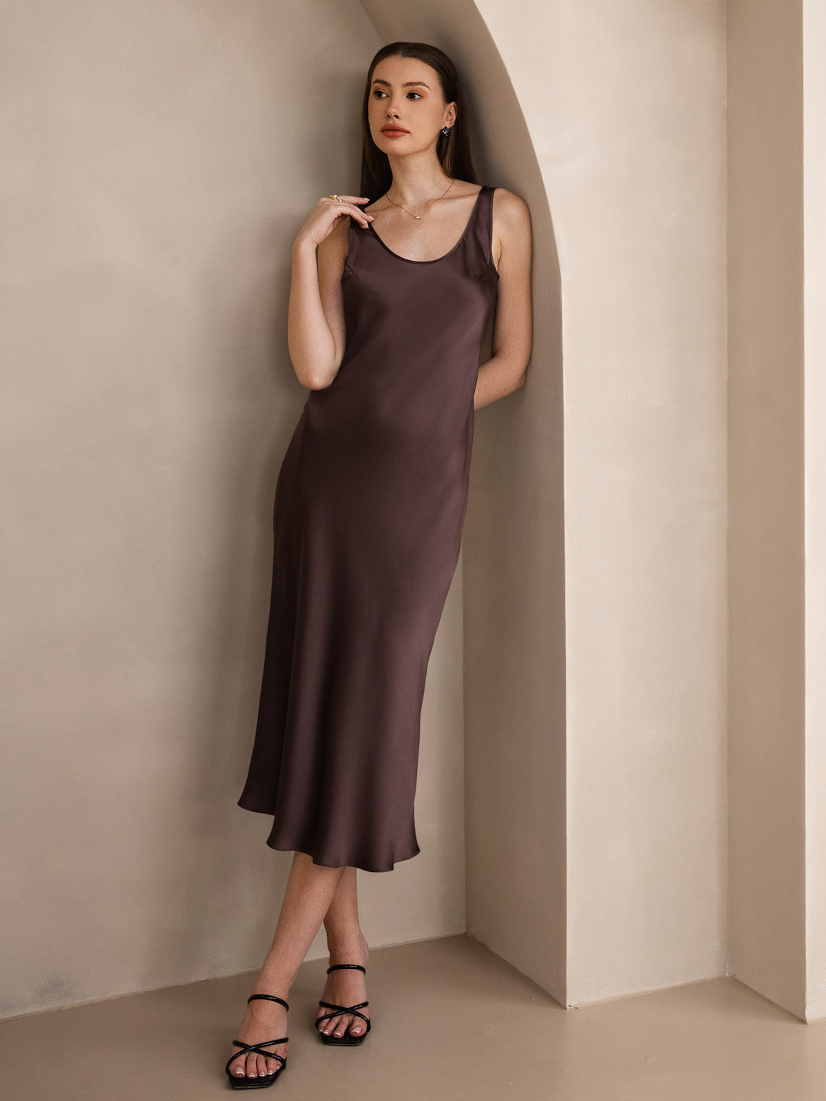 Pure Silk Sleeveless U Neck Midi Dress