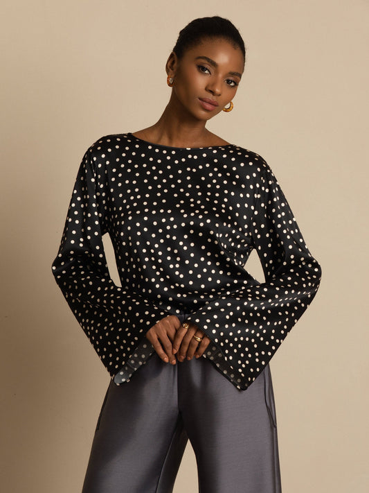 19Momme Women's Silk Polka Dot Print Bell Sleeve Boat Neck Top